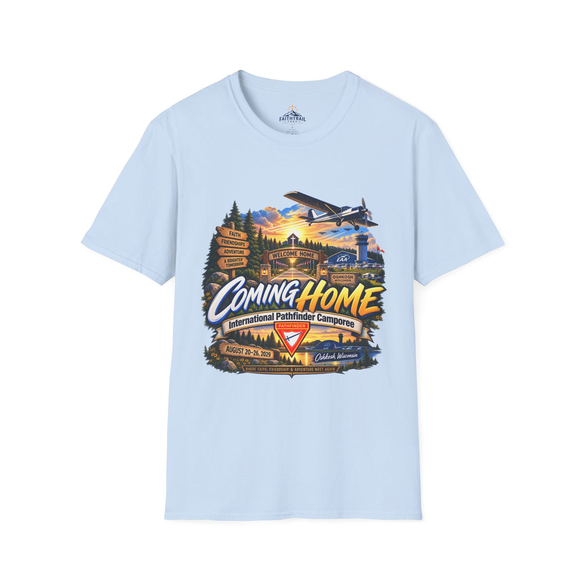 International Pathfinder Camporee 2029 (Stand Strong)- Coming Home T-Shirt — Vintage Airplane Sunset Travel Tee