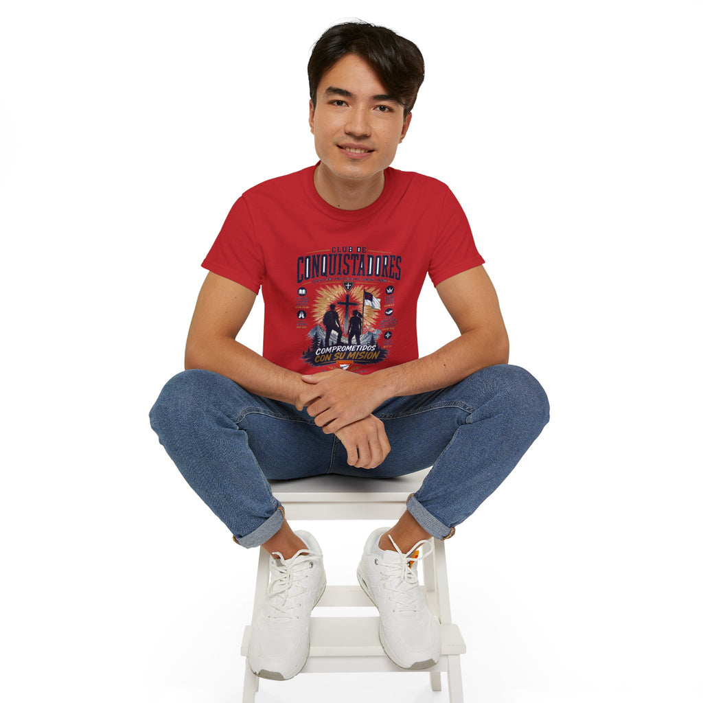 Conquistadores comprometido con su misión T-Shirt | Silueta de cruz cristiana, diseño de insignia de fe