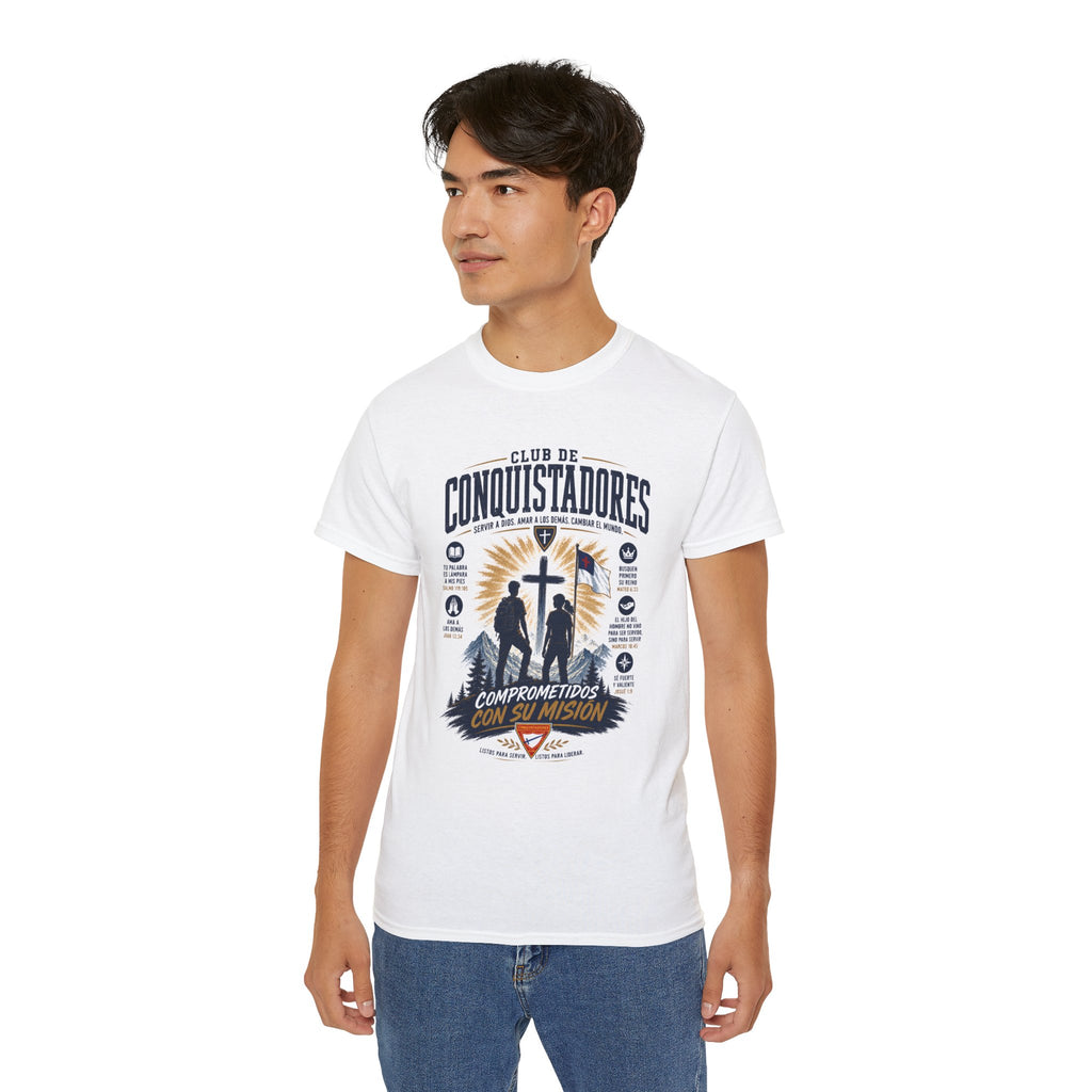 Conquistadores comprometido con su misión T-Shirt | Silueta de cruz cristiana, diseño de insignia de fe