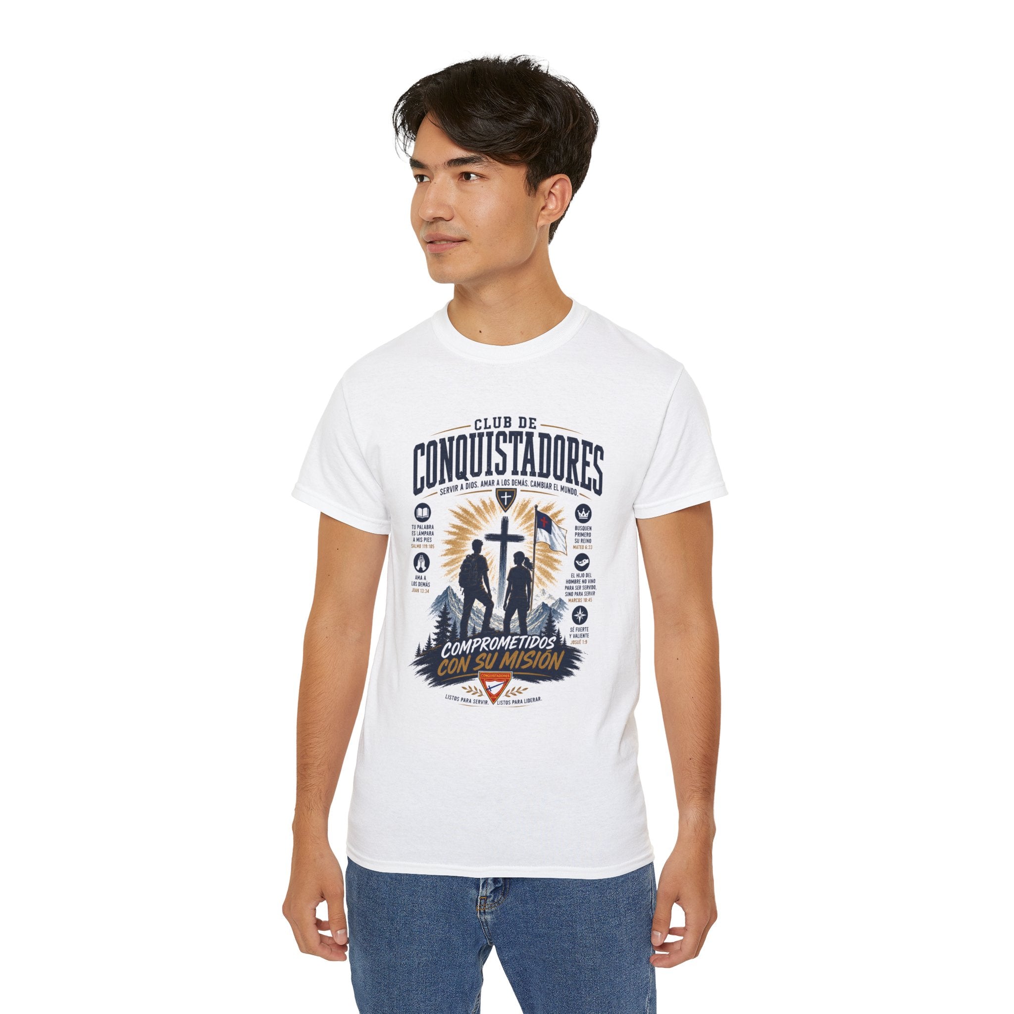Conquistadores comprometido con su misión T-Shirt | Silueta de cruz cristiana, diseño de insignia de fe
