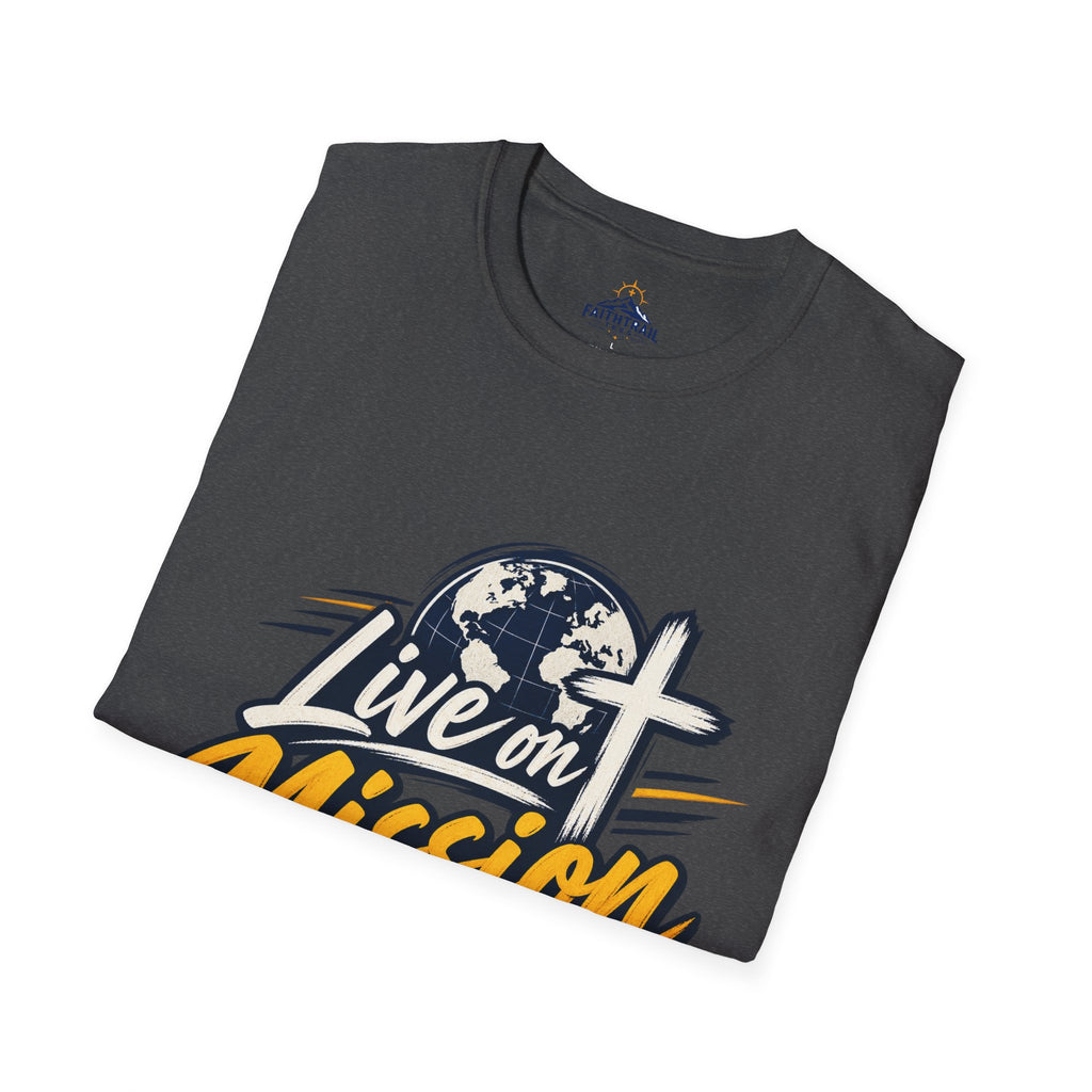 Live on Mission T-Shirt — Inspirational Christian Faith Tee with Globe & Cross Design