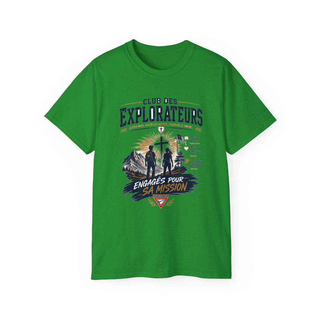 Explorateurs engagés dans leur mission T-shirt | Croix chrétienne silhouette, design d’insigne de foi