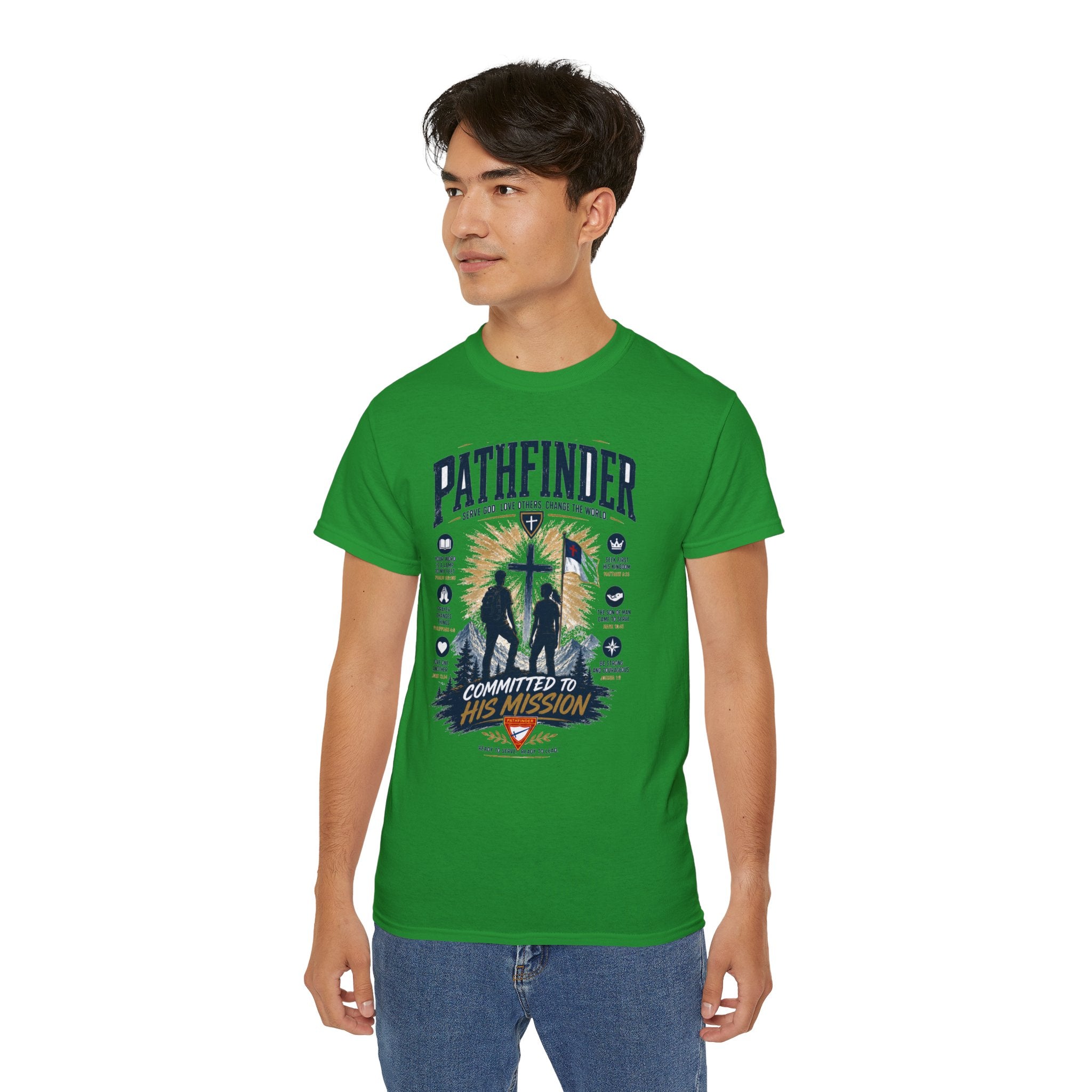 Pathfinder committed to his mission T-Shirt | Christian cross silhouette, faith badge design