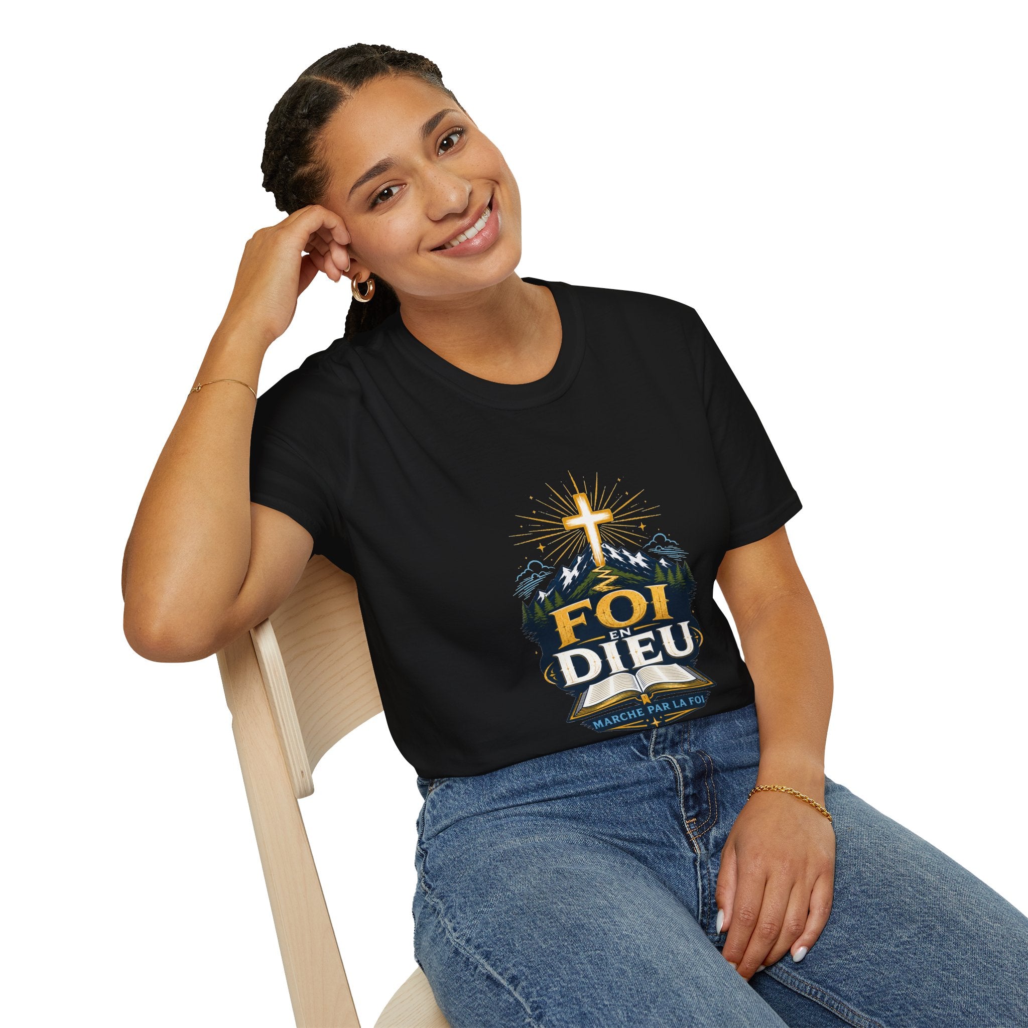 Faith Mountain T‑Shirt — "Foi Dieu" Cross Christian Tee
