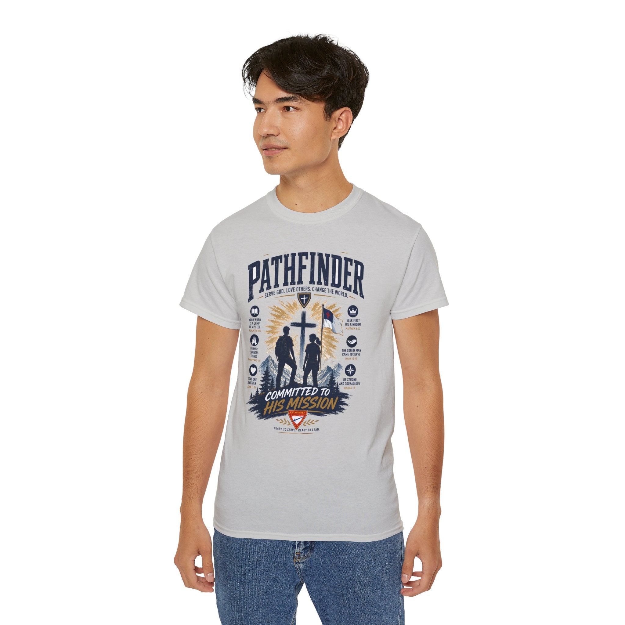 Pathfinder committed to his mission T-Shirt | Christian cross silhouette, faith badge design