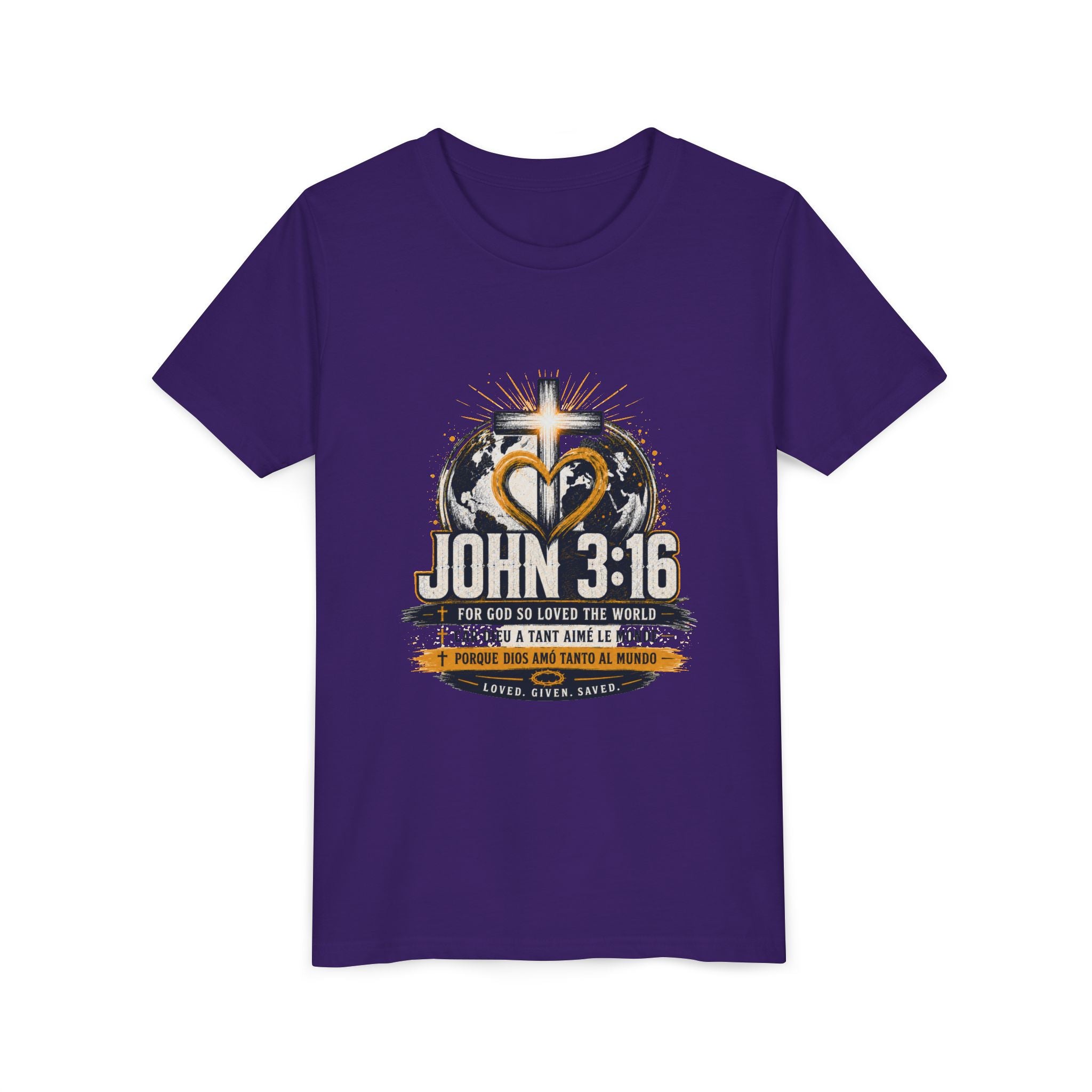 John 3:16 Youth Tee — Christian Inspirational Kids Shirt with Cross & Globe Design
