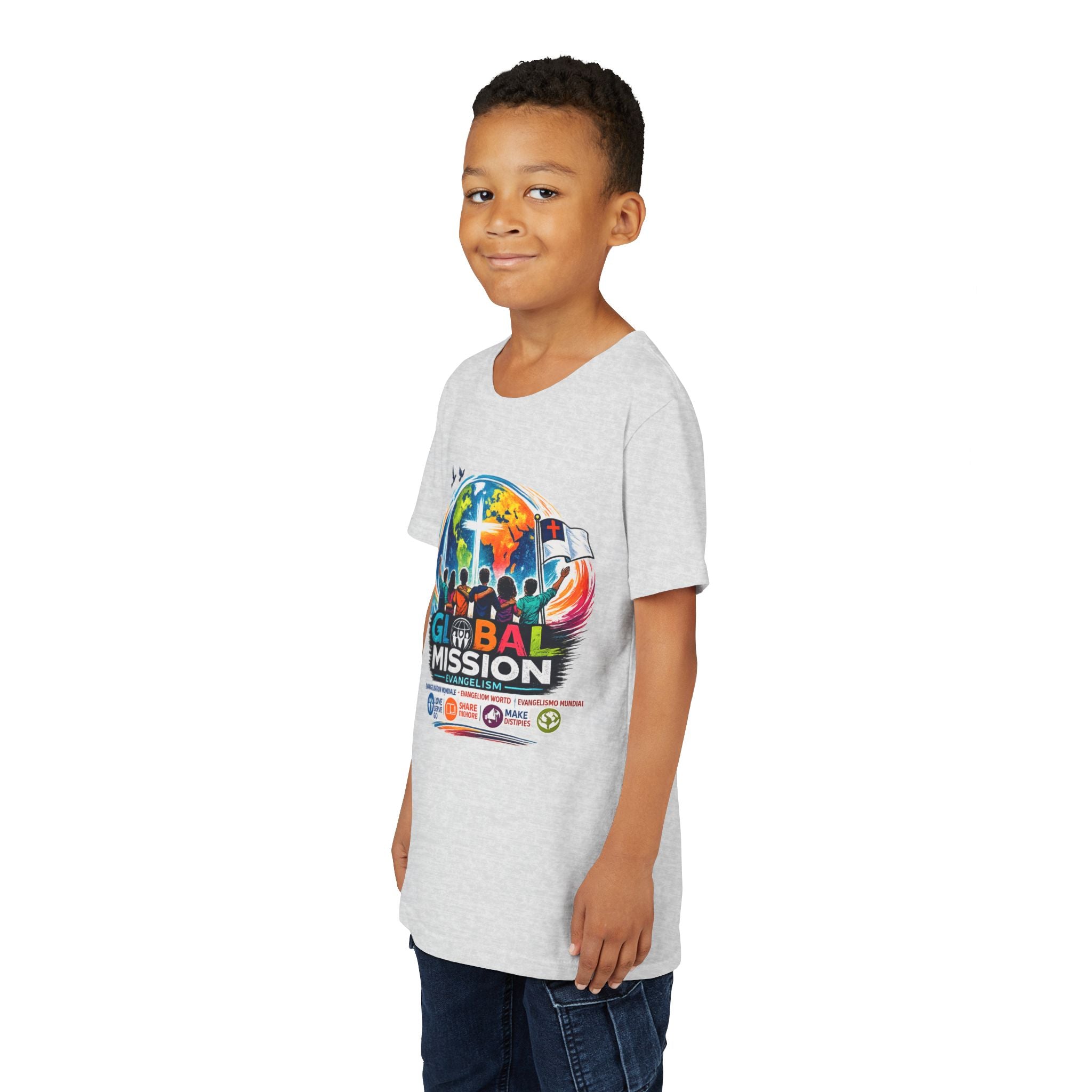 Youth Tee — Global Mission Kids Christian T‑Shirt with Cross & World Design