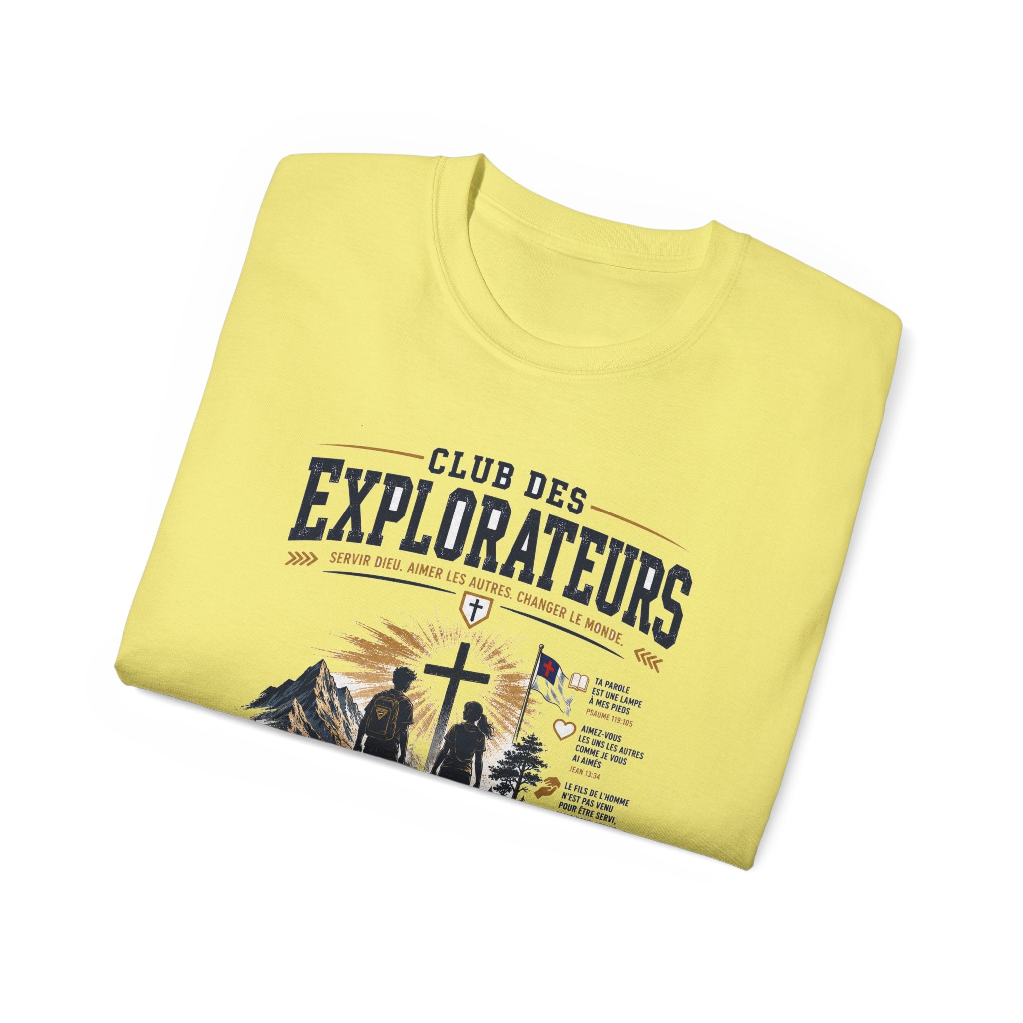 Explorateurs engagés dans leur mission T-shirt | Croix chrétienne silhouette, design d’insigne de foi