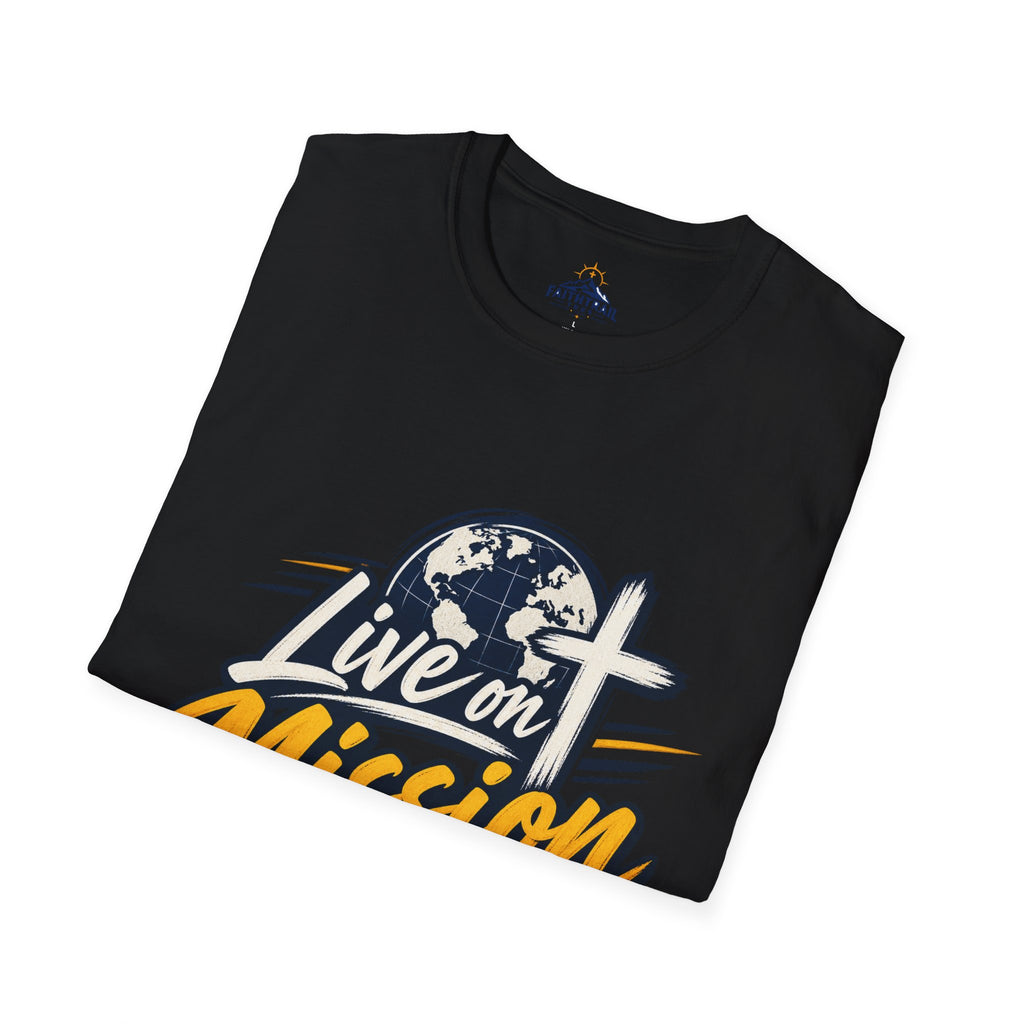 Live on Mission T-Shirt — Inspirational Christian Faith Tee with Globe & Cross Design