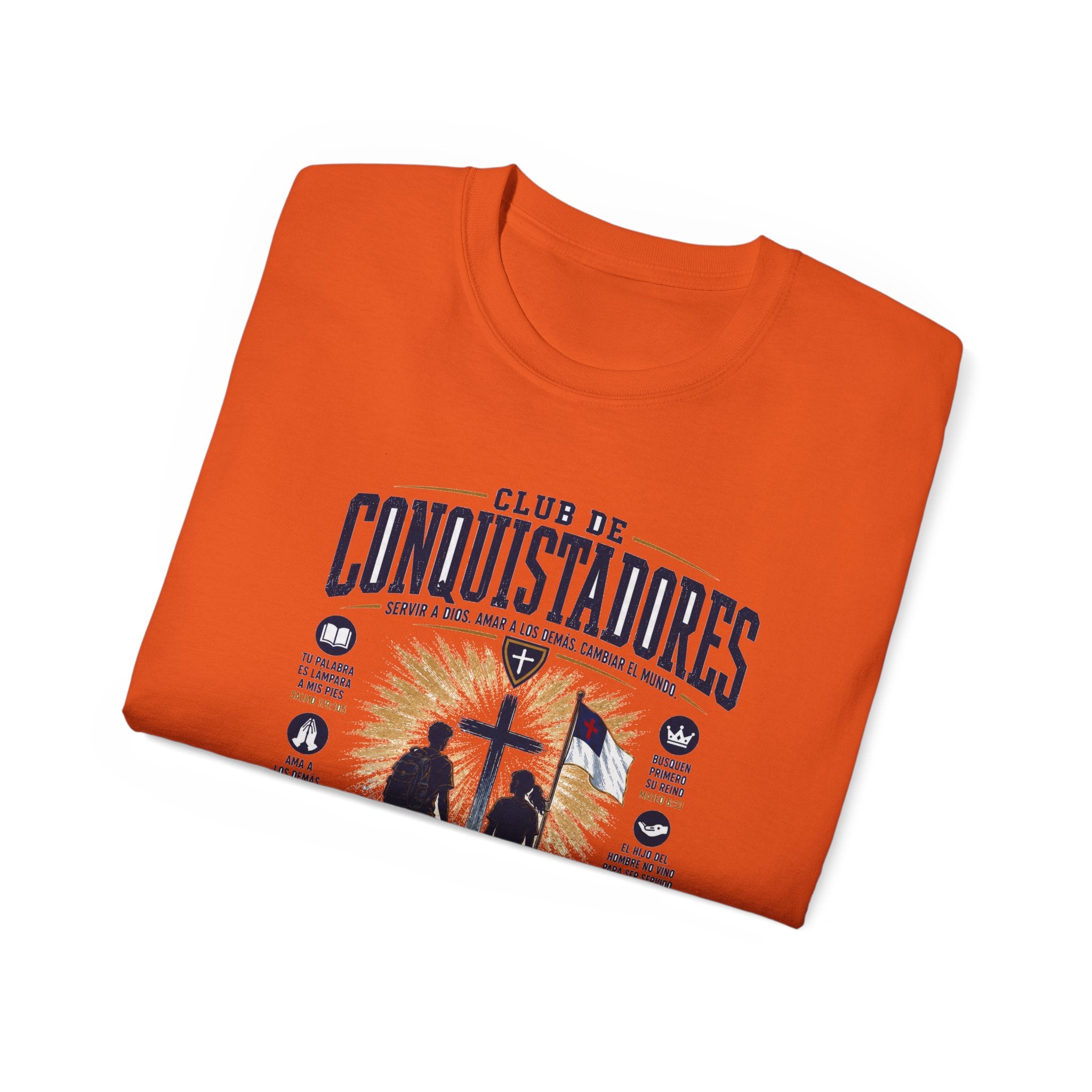 Conquistadores comprometido con su misión T-Shirt | Silueta de cruz cristiana, diseño de insignia de fe