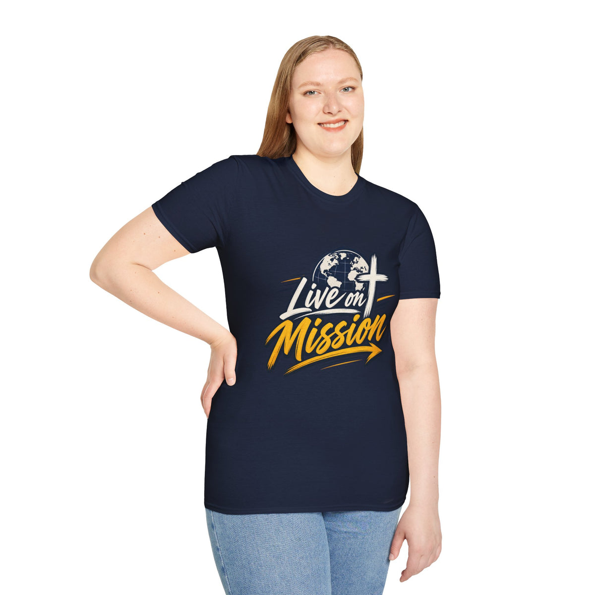 Live on Mission T-Shirt — Inspirational Christian Faith Tee with Globe & Cross Design