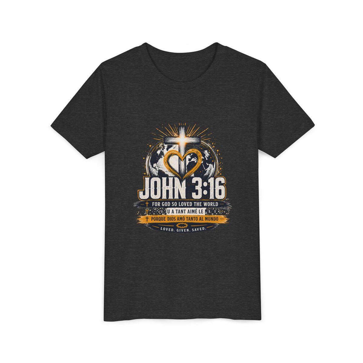 T-shirt pour jeune Jean 3:16 — T-shirt d'inspiration chrétienne pour enfants avec motif croix et globe