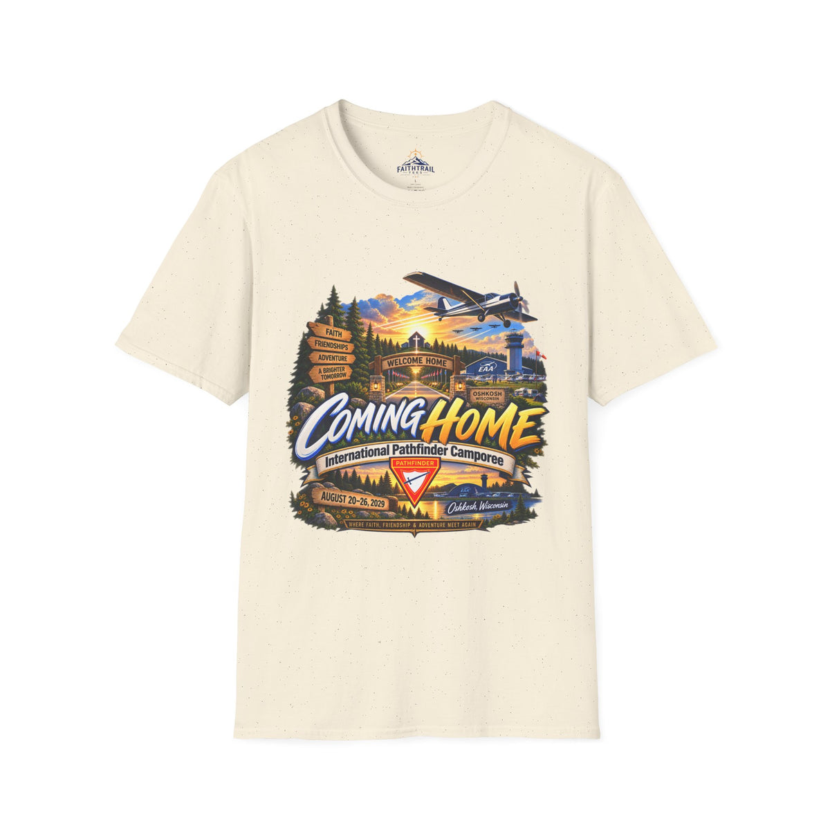 International Pathfinder Camporee 2029 (Stand Strong)- Coming Home T-Shirt — Vintage Airplane Sunset Travel Tee