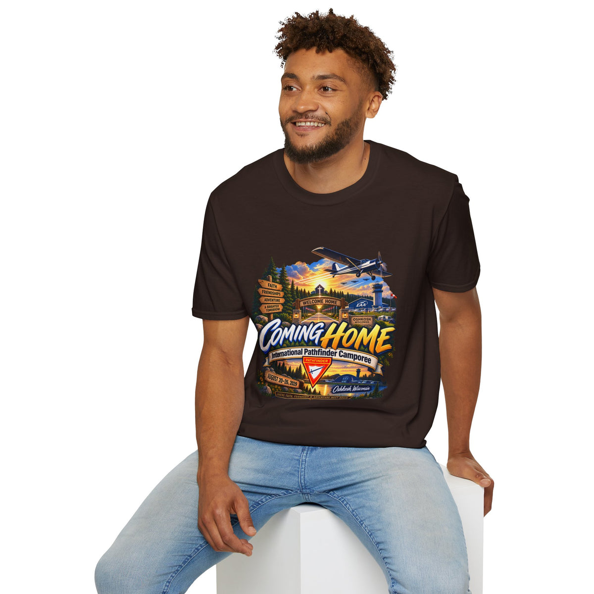 International Pathfinder Camporee 2029 (Stand Strong)- Coming Home T-Shirt — Vintage Airplane Sunset Travel Tee