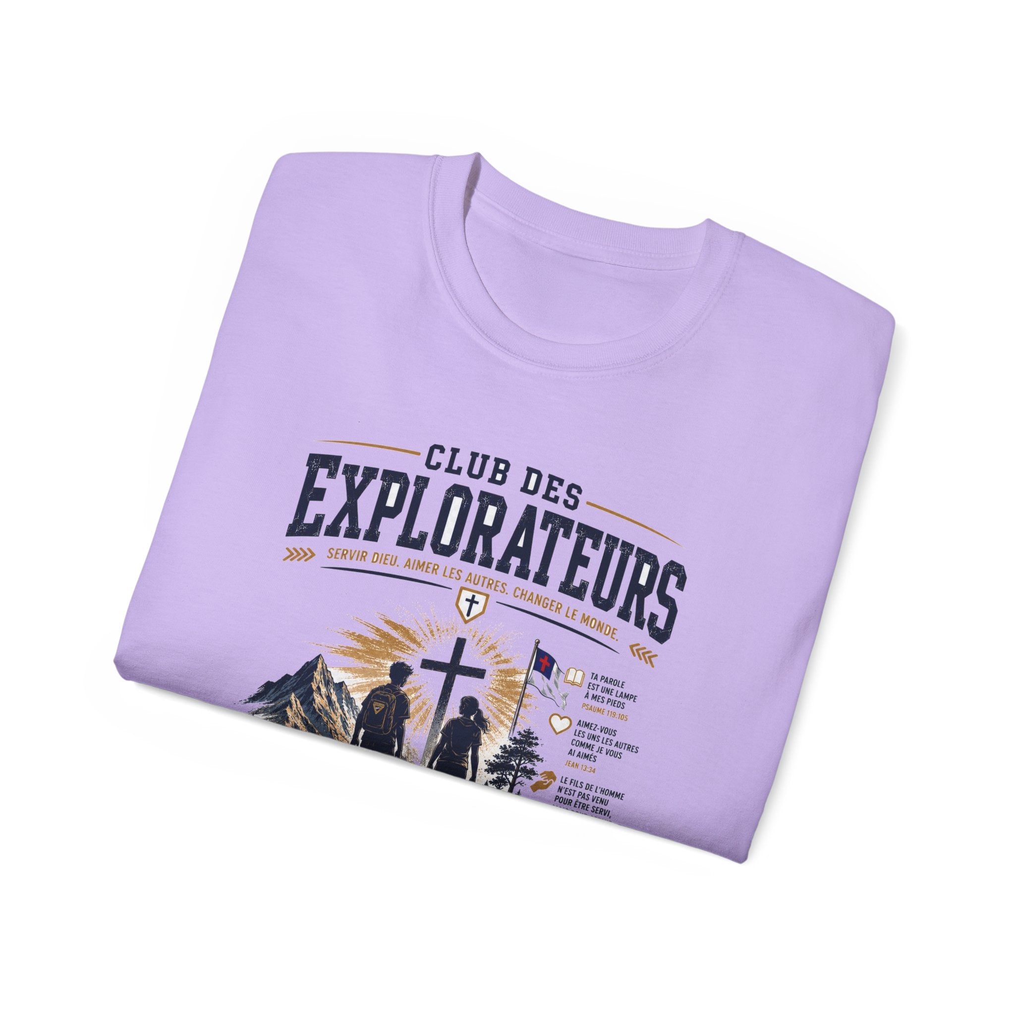Explorateurs engagés dans leur mission T-shirt | Croix chrétienne silhouette, design d’insigne de foi