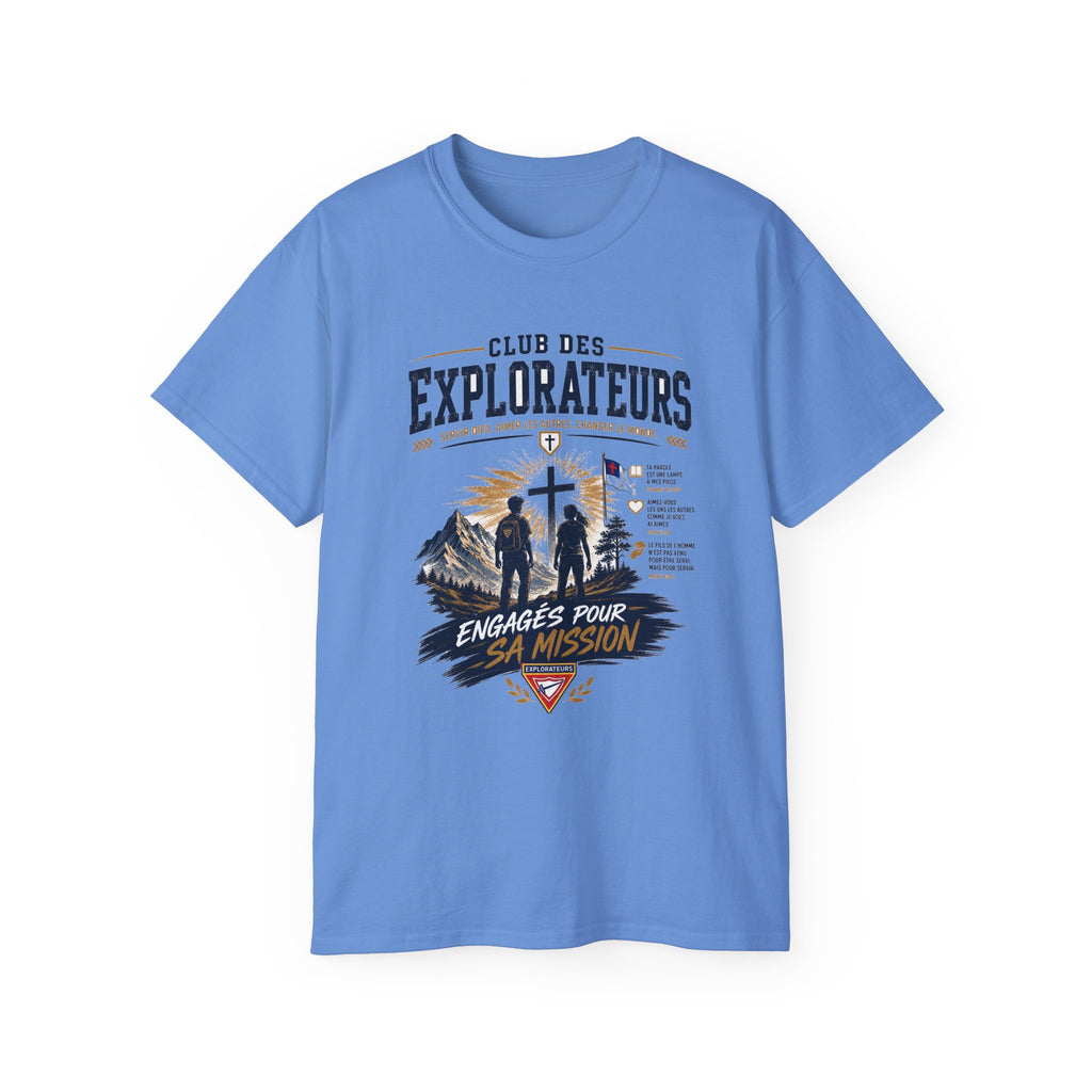 Explorateurs engagés dans leur mission T-shirt | Croix chrétienne silhouette, design d’insigne de foi