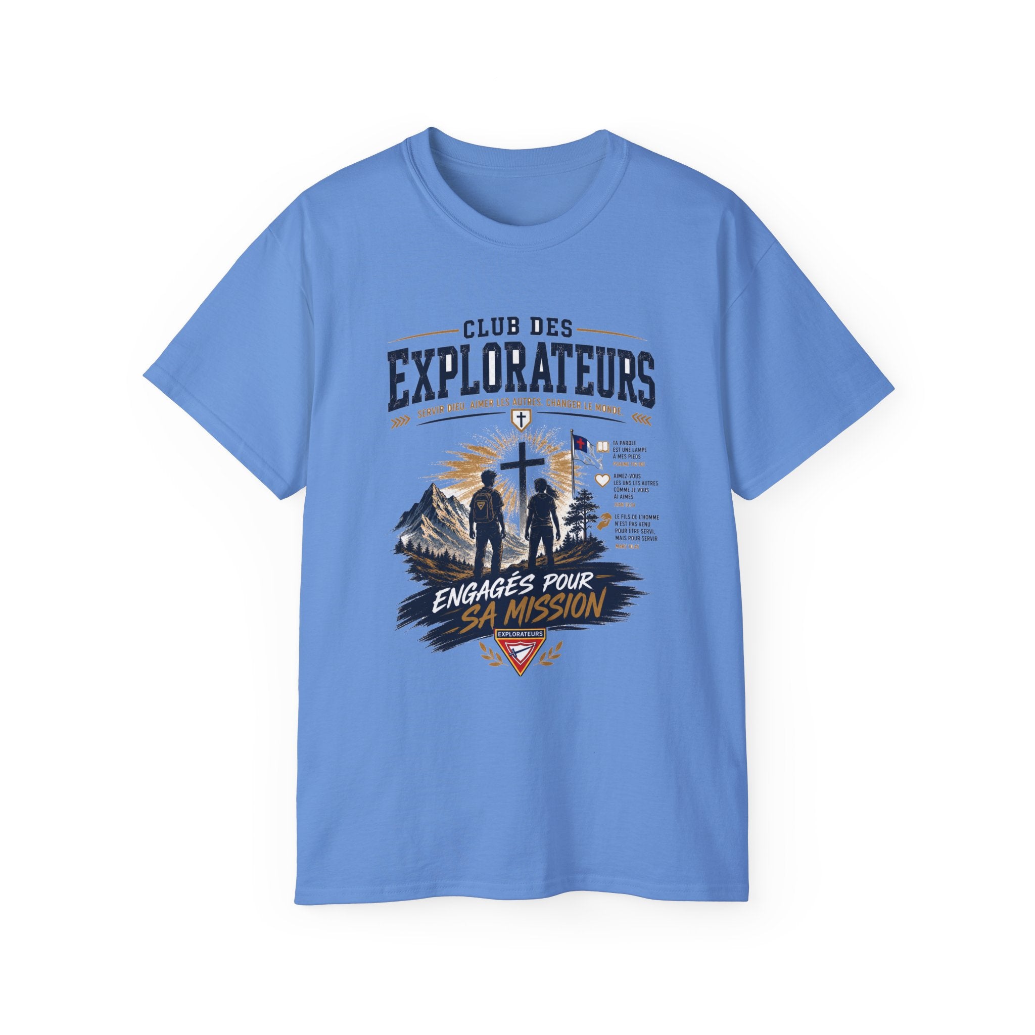 Explorateurs engagés dans leur mission T-shirt | Croix chrétienne silhouette, design d’insigne de foi