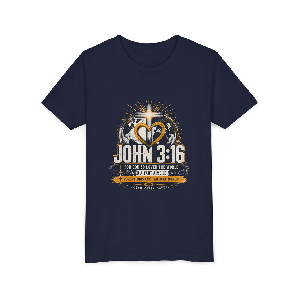 T-shirt pour jeune Jean 3:16 — T-shirt d'inspiration chrétienne pour enfants avec motif croix et globe
