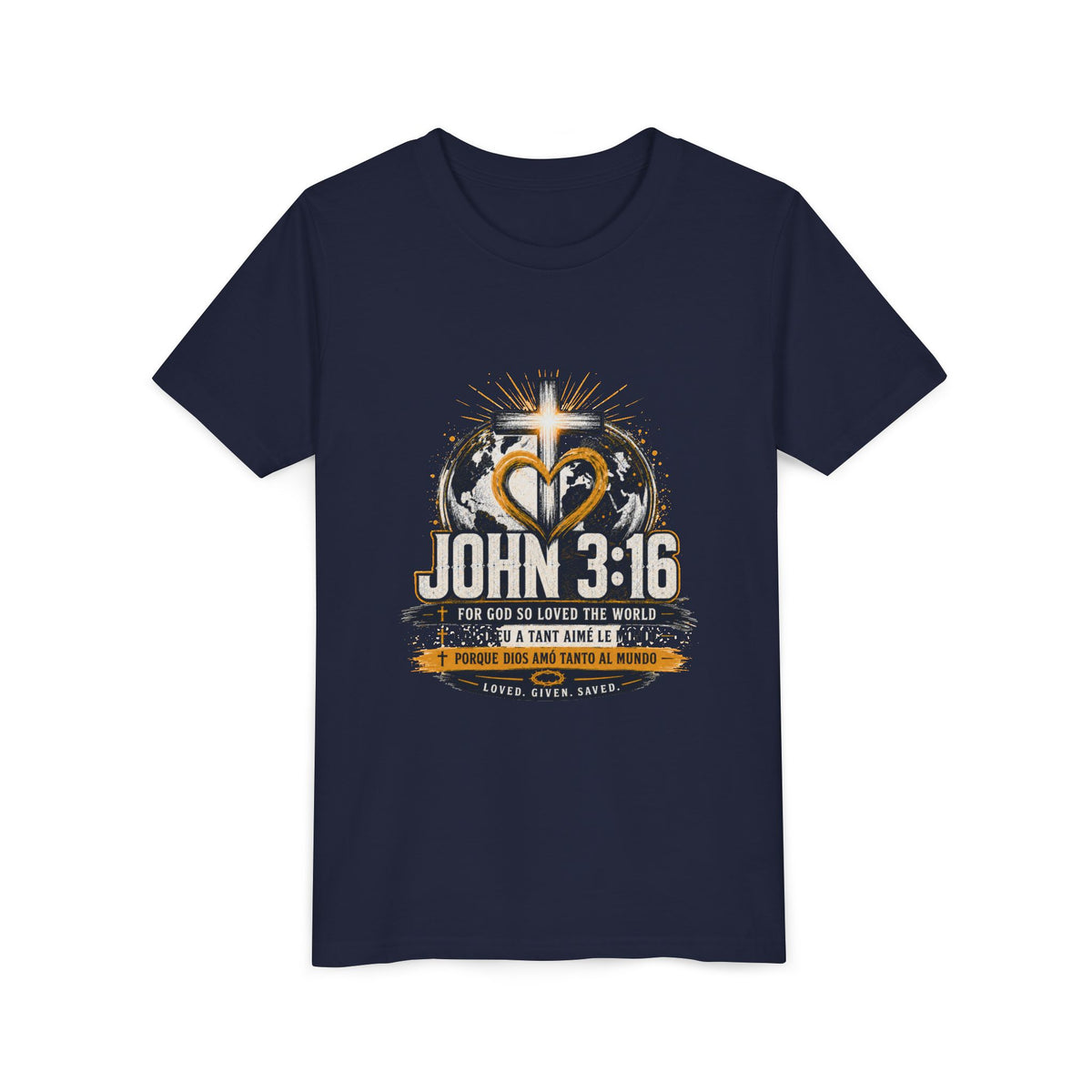 T-shirt pour jeune Jean 3:16 — T-shirt d'inspiration chrétienne pour enfants avec motif croix et globe