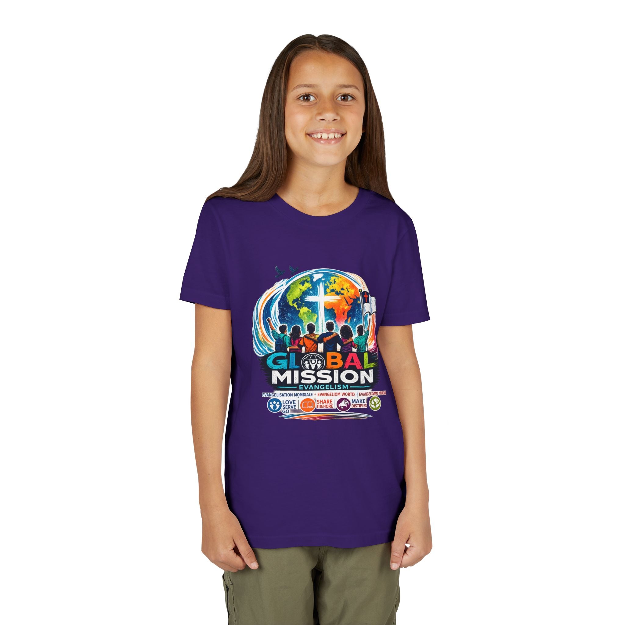 Youth Tee — Global Mission Kids Christian T‑Shirt with Cross & World Design