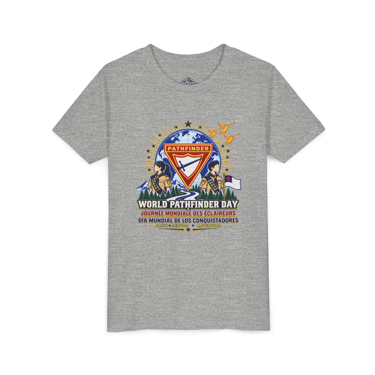 Youth Tee — World Pathfinder Day Badge Graphic (Trilingual)