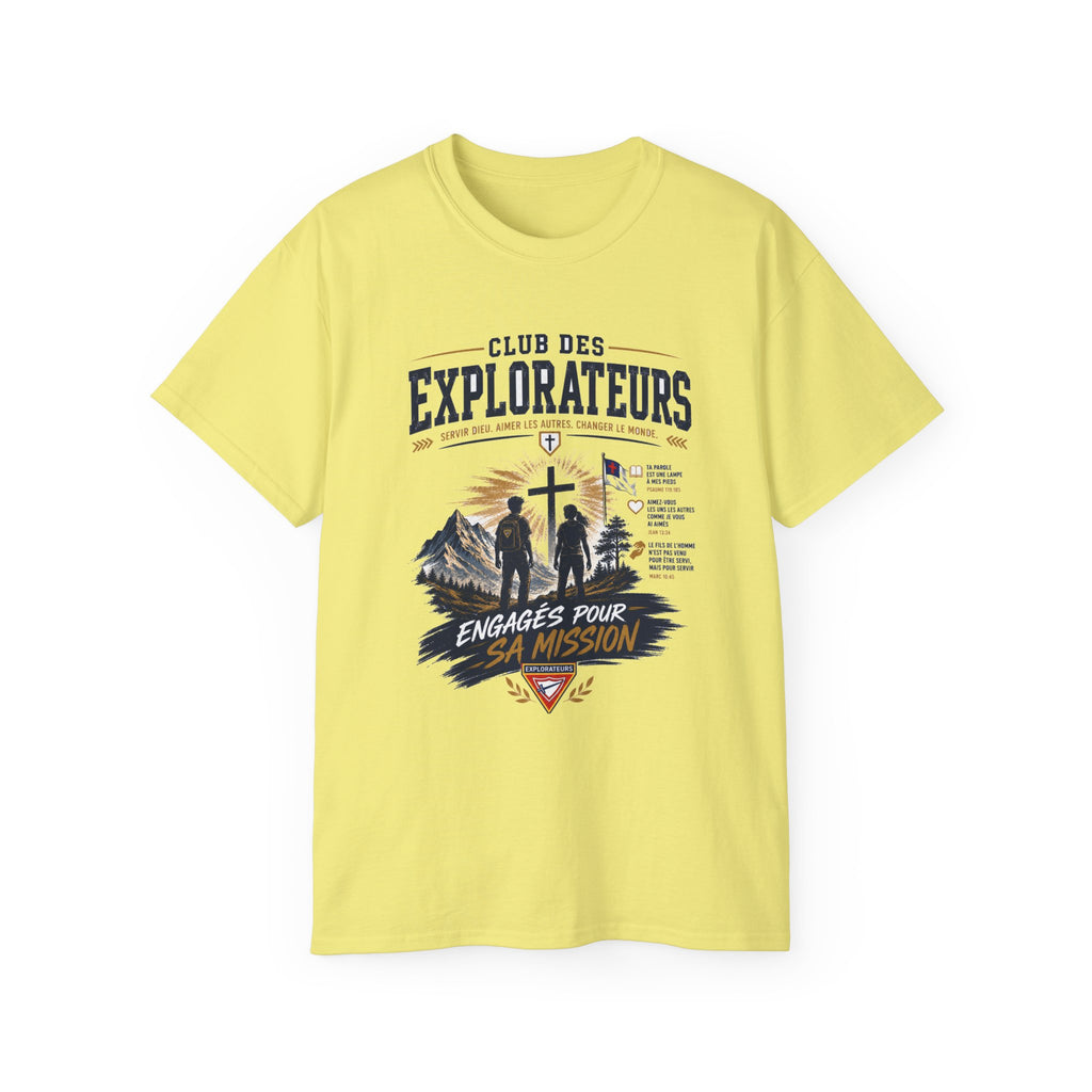 Explorateurs engagés dans leur mission T-shirt | Croix chrétienne silhouette, design d’insigne de foi
