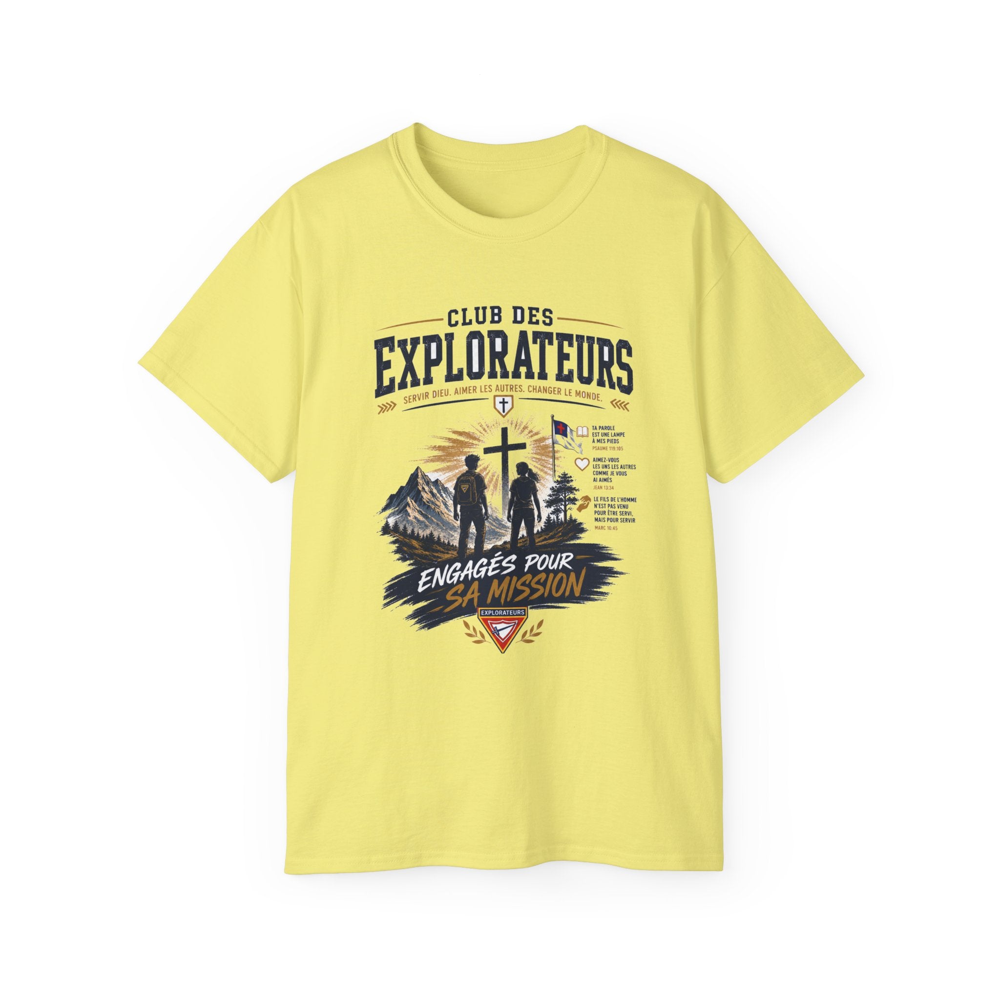 Explorateurs engagés dans leur mission T-shirt | Croix chrétienne silhouette, design d’insigne de foi