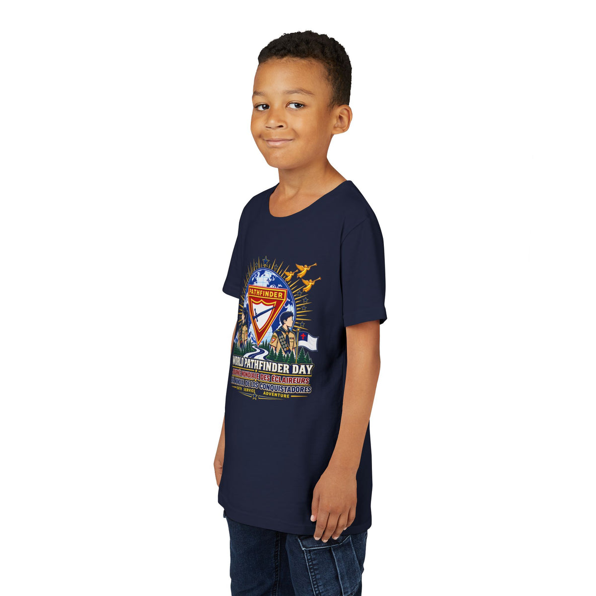 Youth Tee — World Pathfinder Day Badge Graphic (Trilingual)