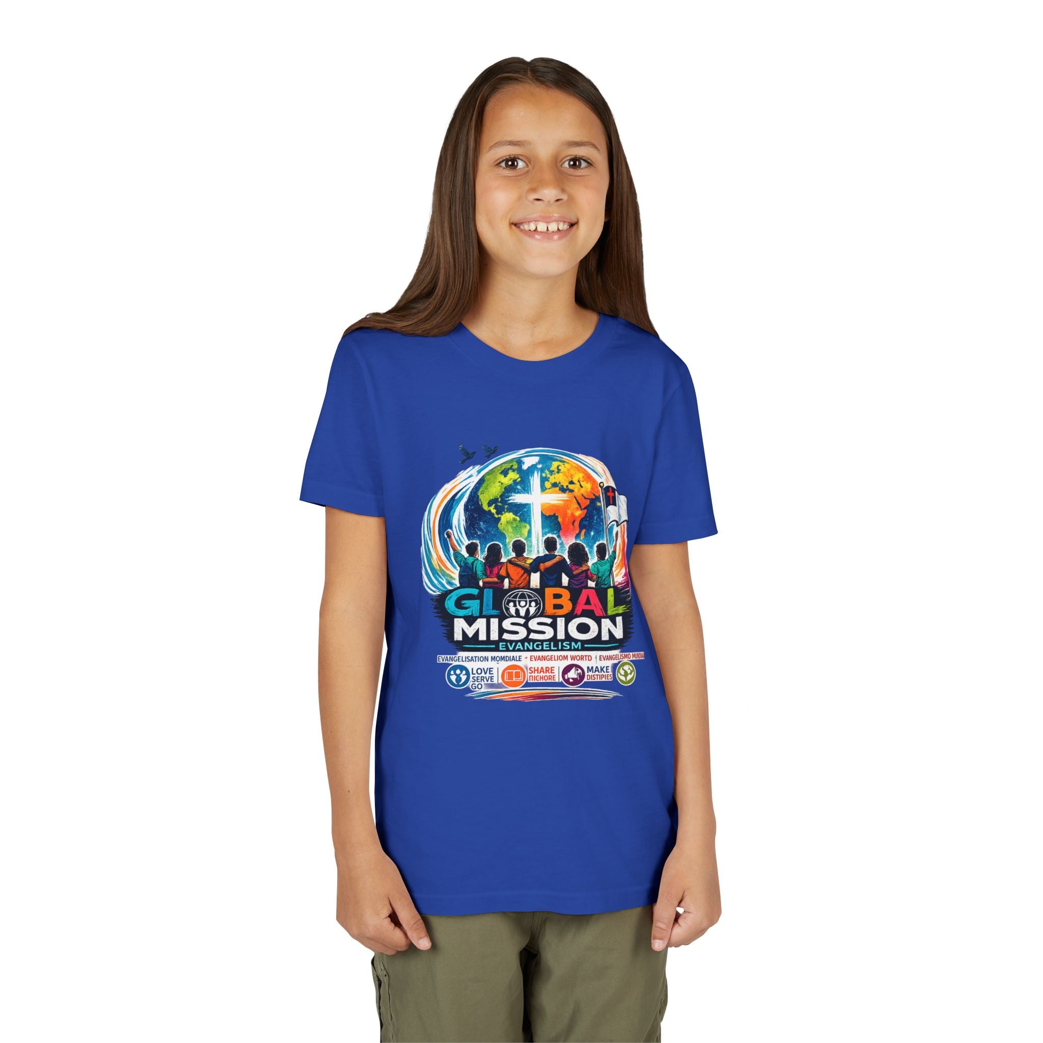 Youth Tee — Global Mission Kids Christian T‑Shirt with Cross & World Design