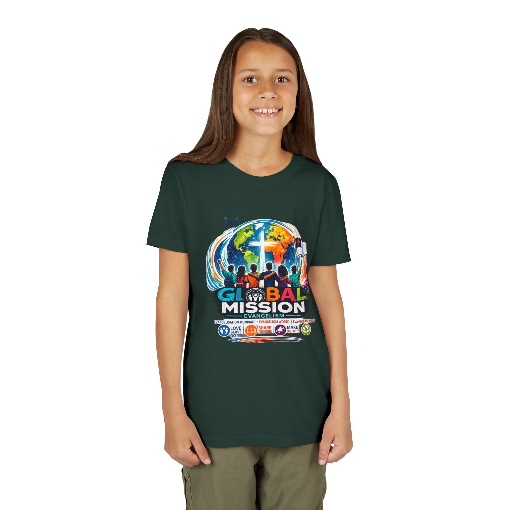 Youth Tee — Global Mission Kids Christian T‑Shirt with Cross & World Design