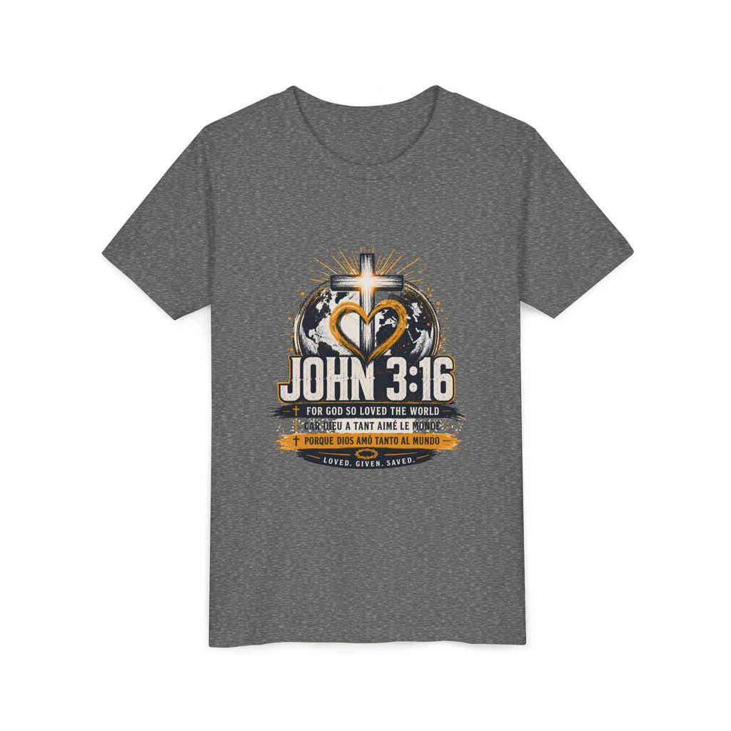 T-shirt pour jeune Jean 3:16 — T-shirt d'inspiration chrétienne pour enfants avec motif croix et globe
