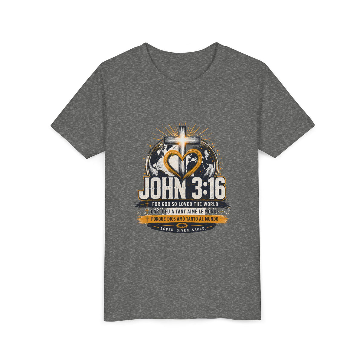 T-shirt pour jeune Jean 3:16 — T-shirt d'inspiration chrétienne pour enfants avec motif croix et globe