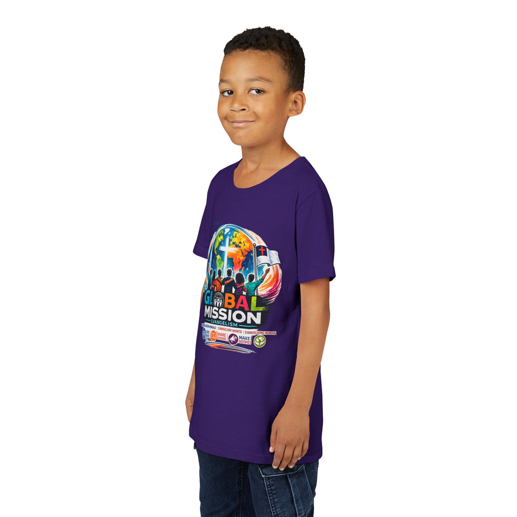 Youth Tee — Global Mission Kids Christian T‑Shirt with Cross & World Design