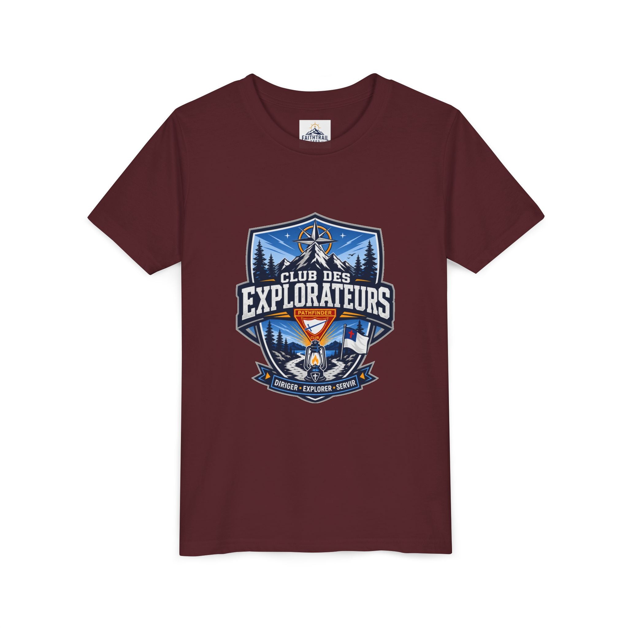 Explorateurs T-shirt pour les jeunes | Compas de camping, feu de camp, pins