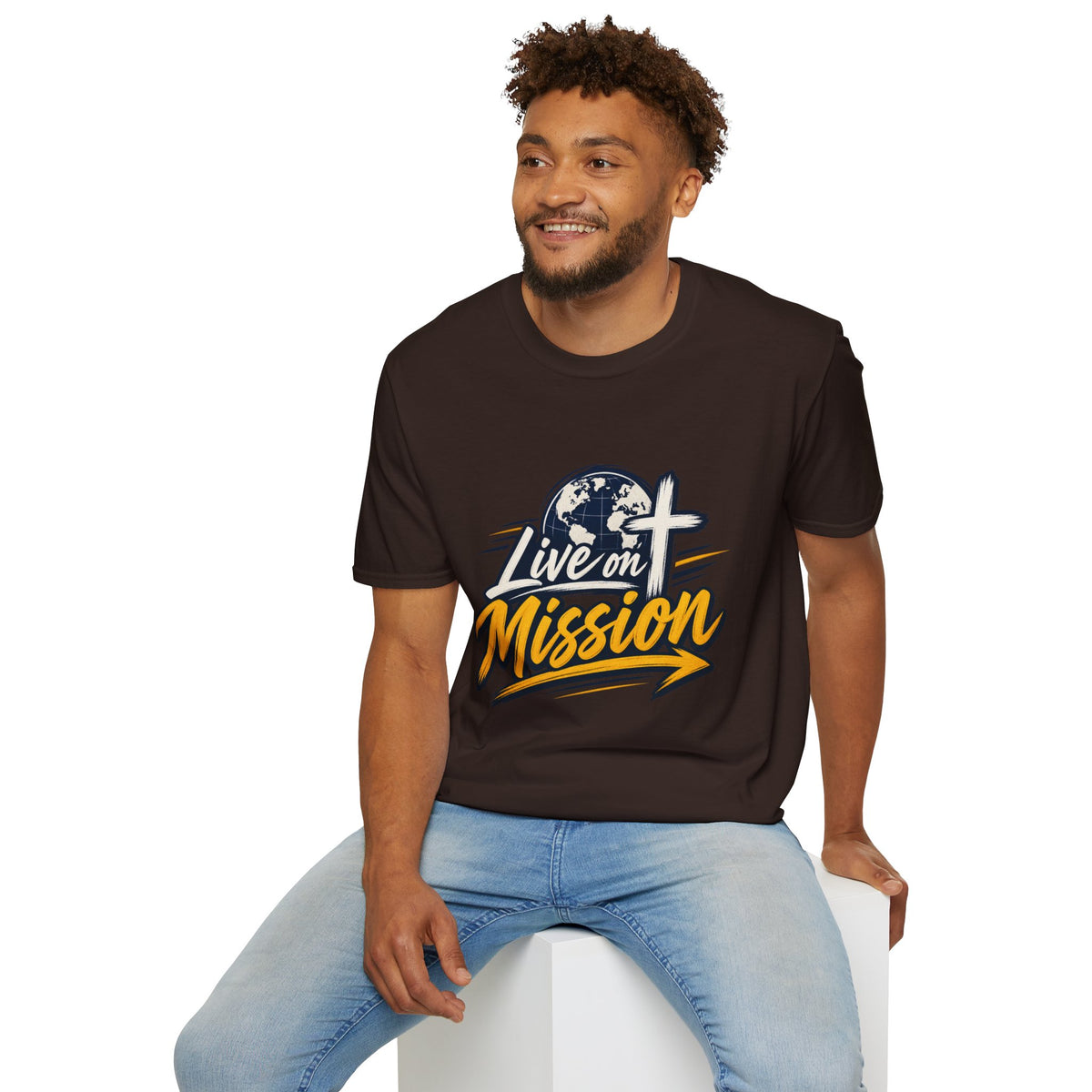 Live on Mission T-Shirt — Inspirational Christian Faith Tee with Globe & Cross Design
