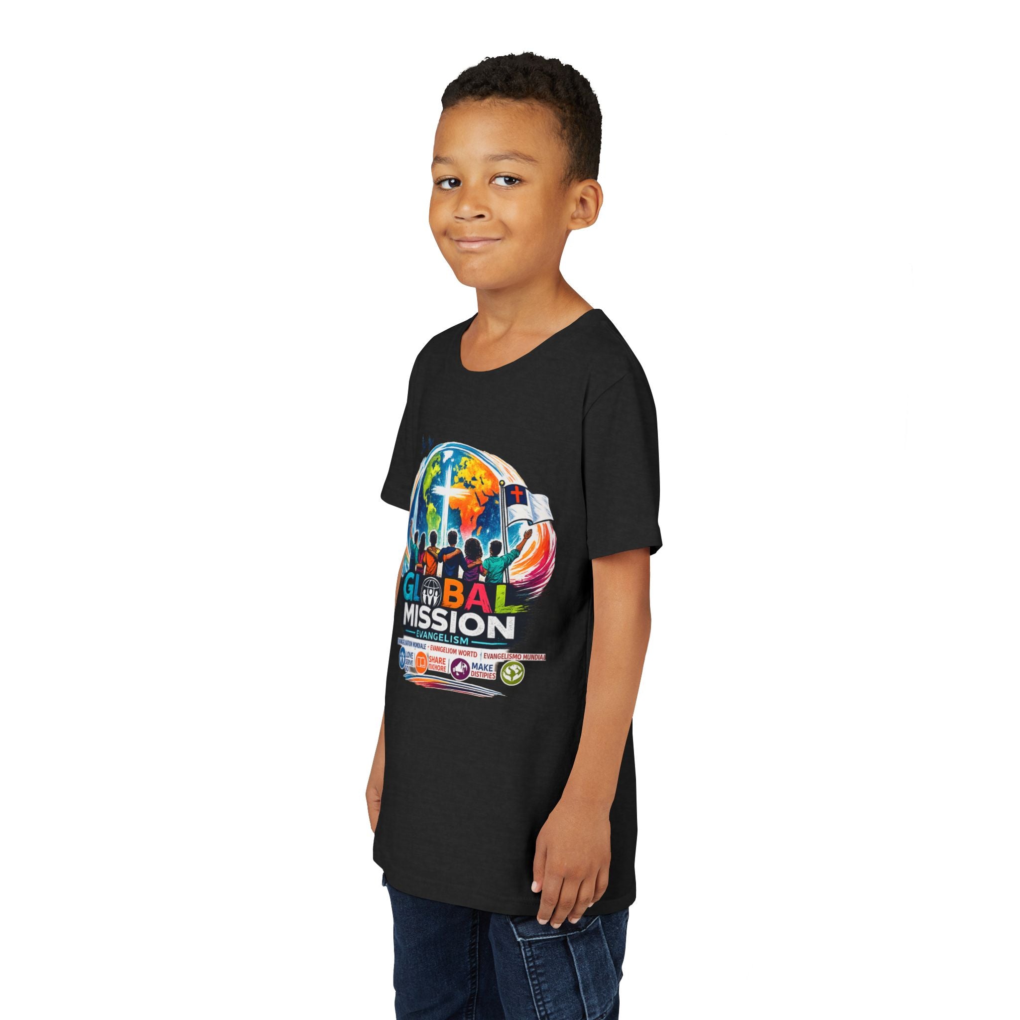 Youth Tee — Global Mission Kids Christian T‑Shirt with Cross & World Design