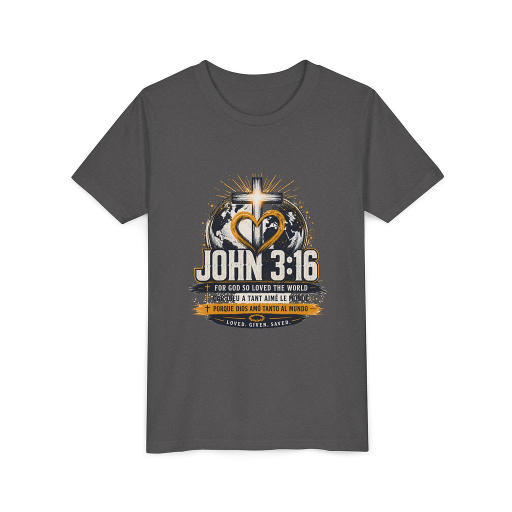 John 3:16 Youth Tee — Christian Inspirational Kids Shirt with Cross & Globe Design