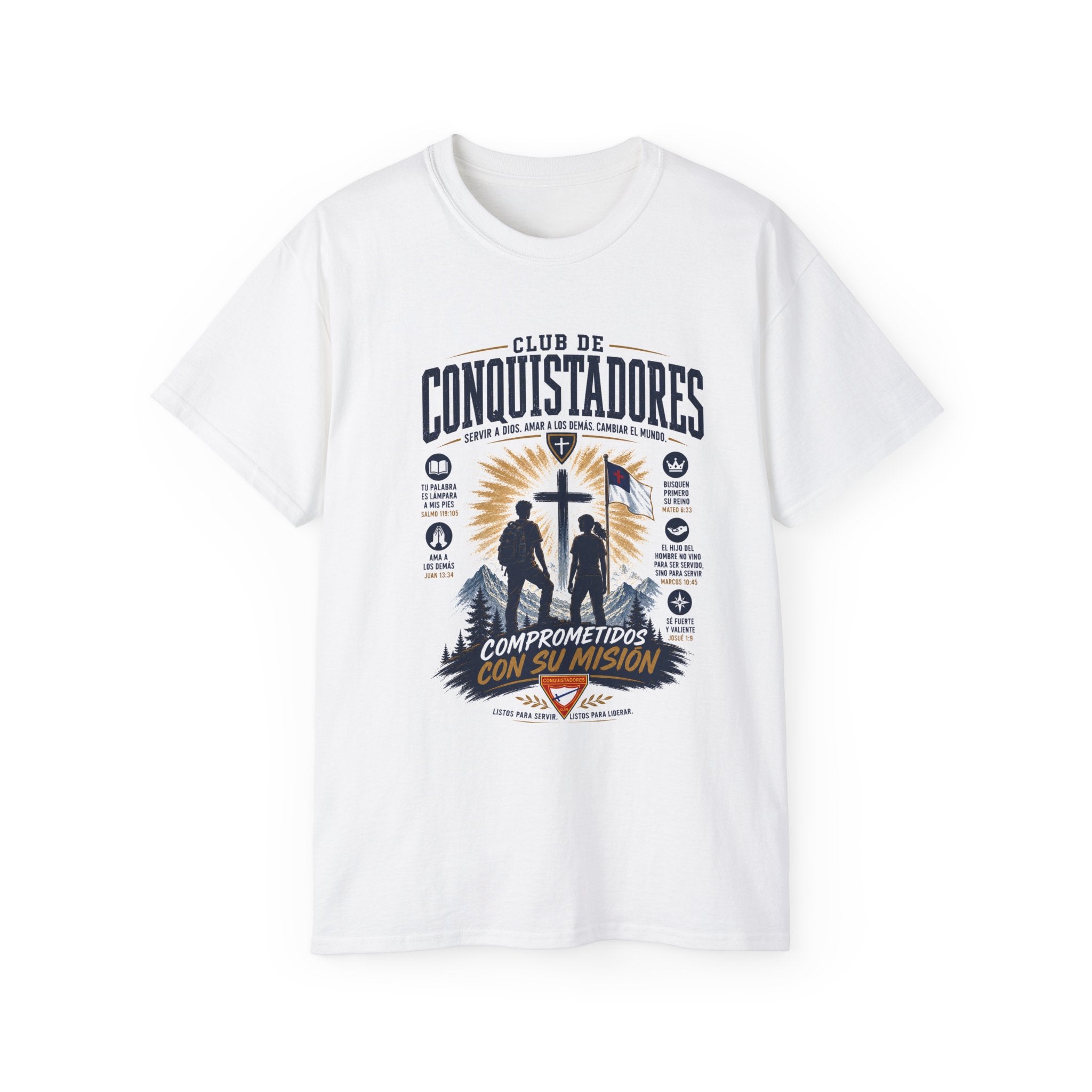 Conquistadores comprometido con su misión T-Shirt | Silueta de cruz cristiana, diseño de insignia de fe