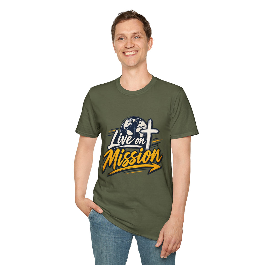 Live on Mission T-Shirt — Inspirational Christian Faith Tee with Globe & Cross Design