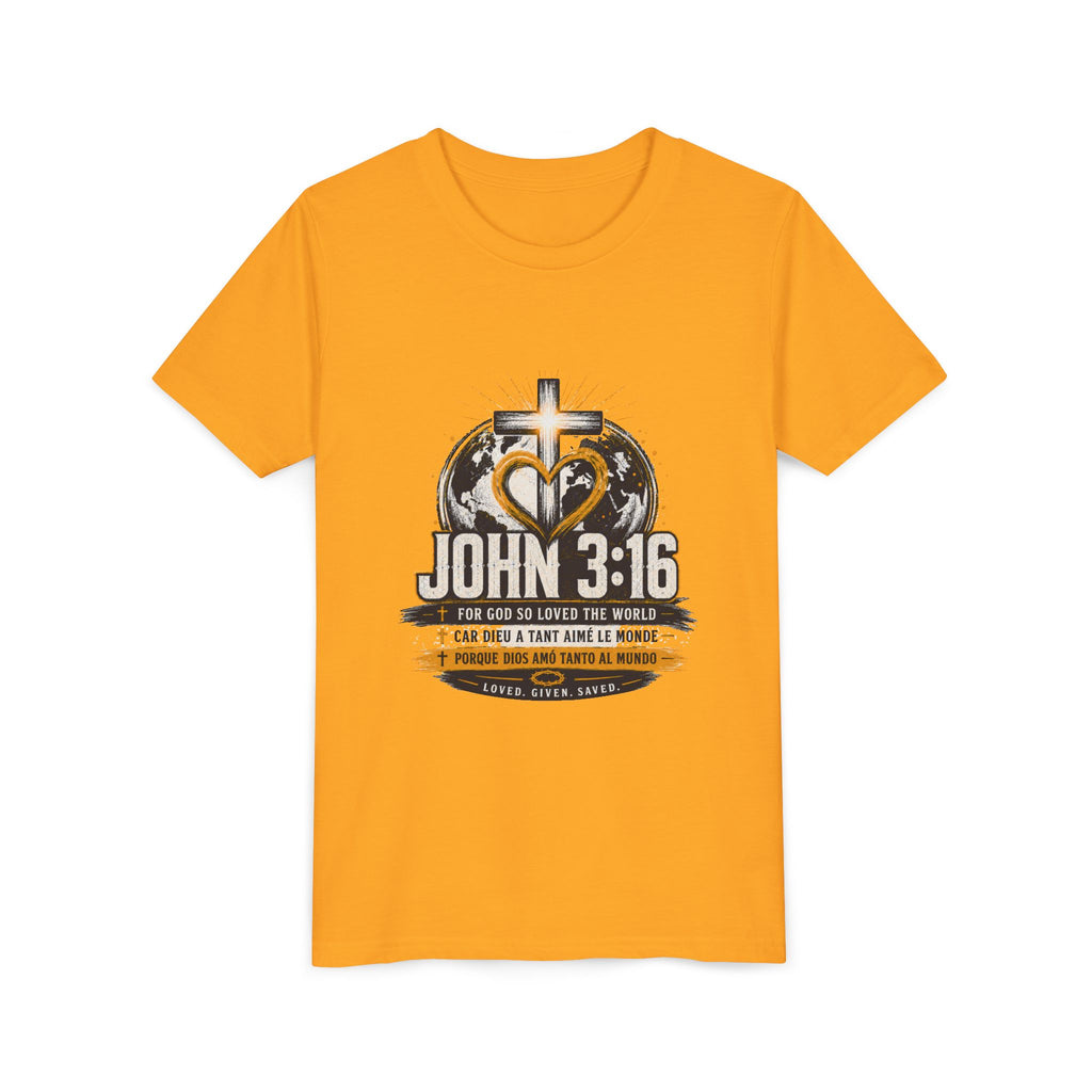 T-shirt pour jeune Jean 3:16 — T-shirt d'inspiration chrétienne pour enfants avec motif croix et globe