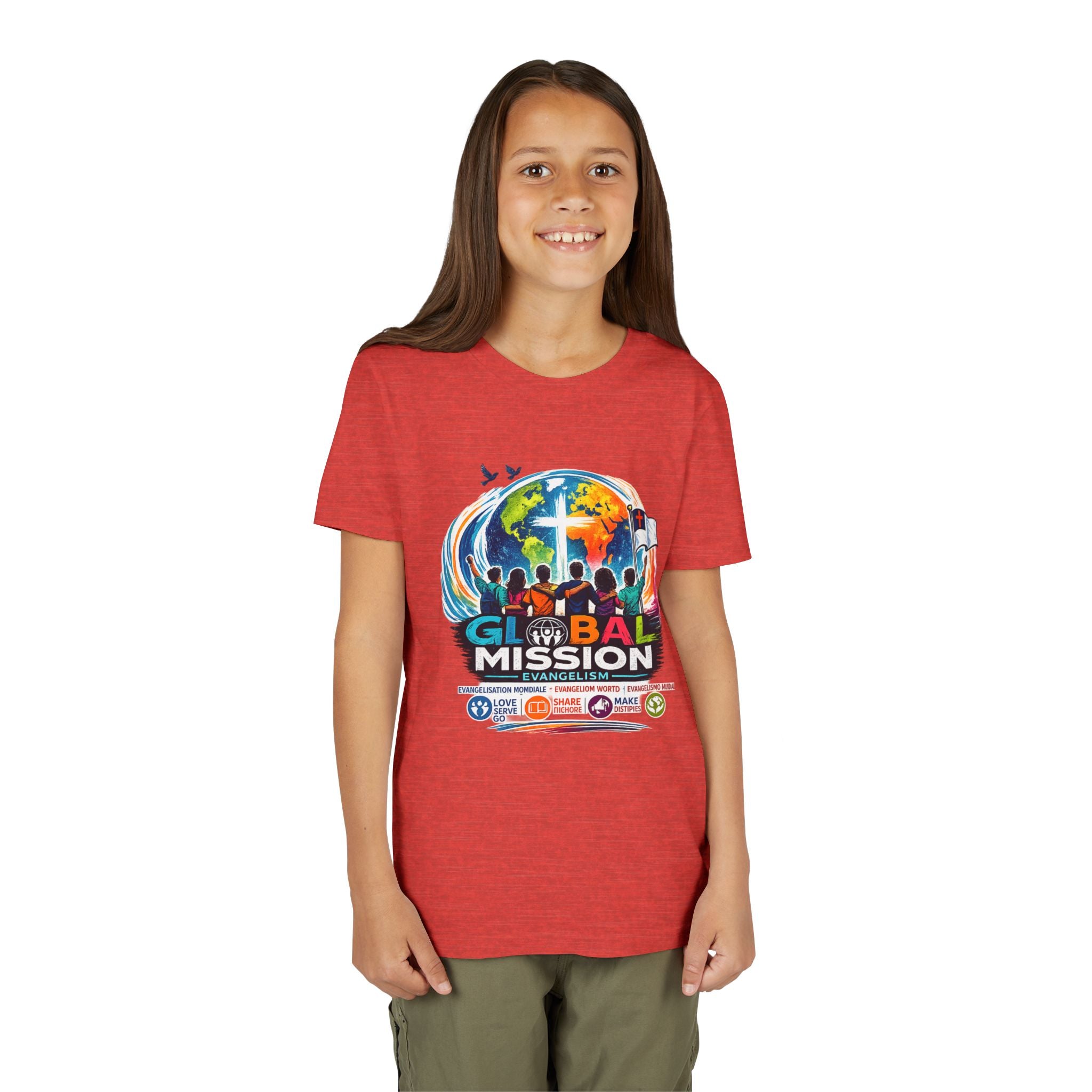 Youth Tee — Global Mission Kids Christian T‑Shirt with Cross & World Design