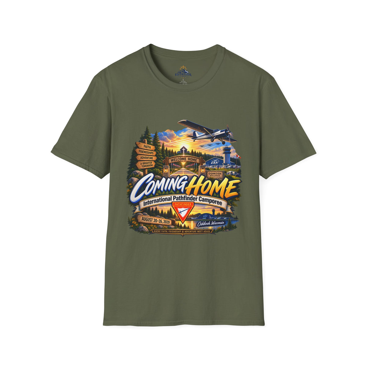 International Pathfinder Camporee 2029 (Stand Strong)- Coming Home T-Shirt — Vintage Airplane Sunset Travel Tee