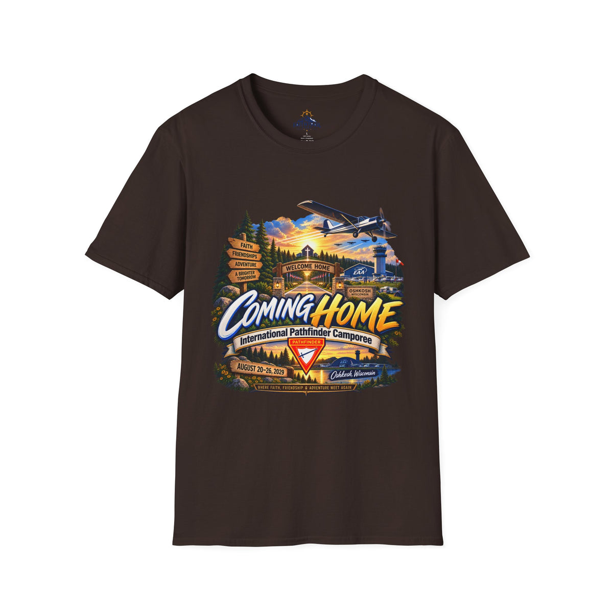 International Pathfinder Camporee 2029 (Stand Strong)- Coming Home T-Shirt — Vintage Airplane Sunset Travel Tee