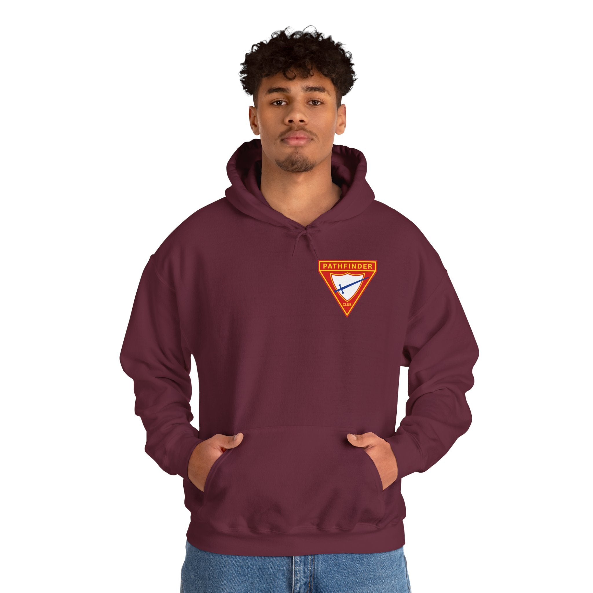 Pathfinder Club Hoodie — Vintage Triangle Patch Logo Hooded Sweatshirt