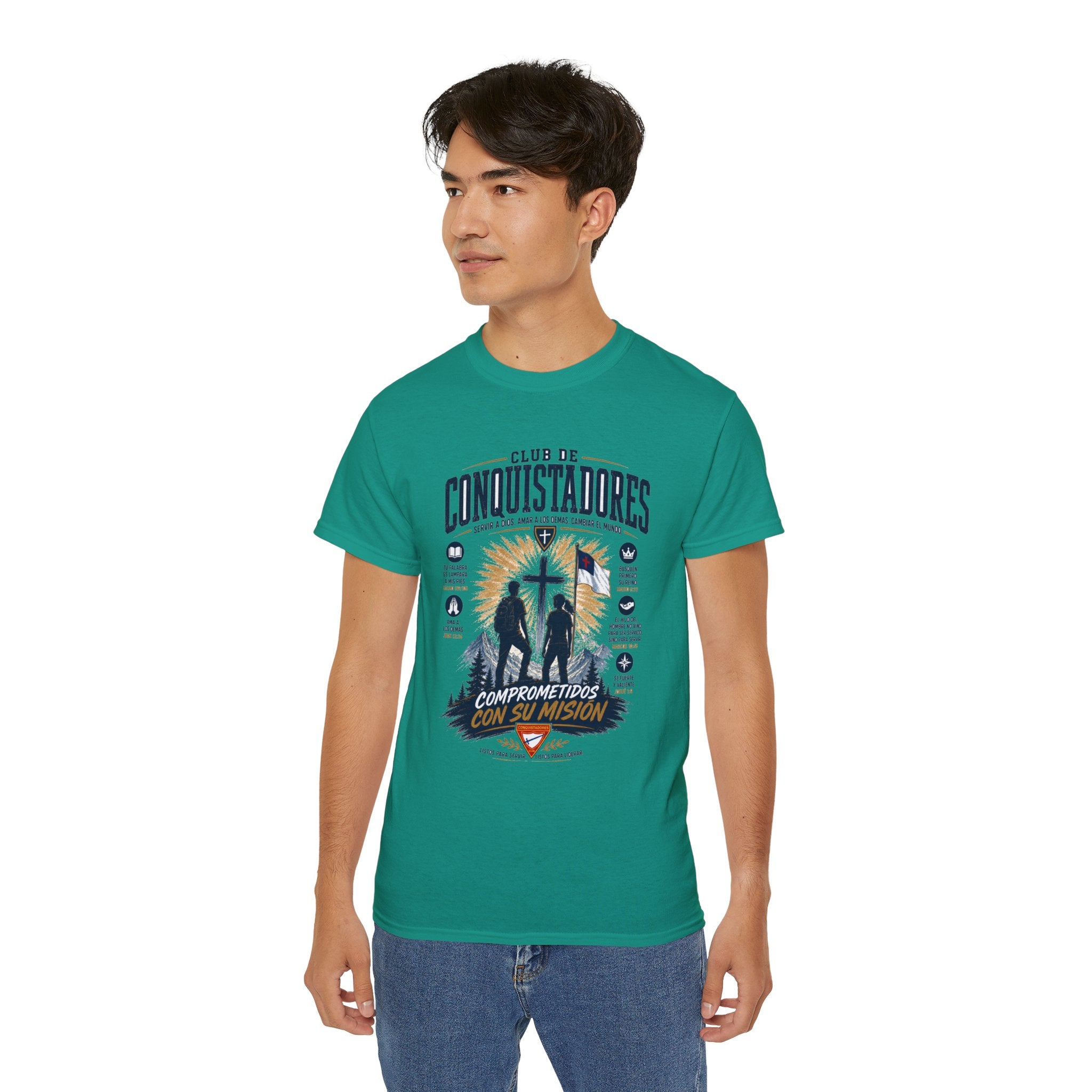 Conquistadores comprometido con su misión T-Shirt | Silueta de cruz cristiana, diseño de insignia de fe
