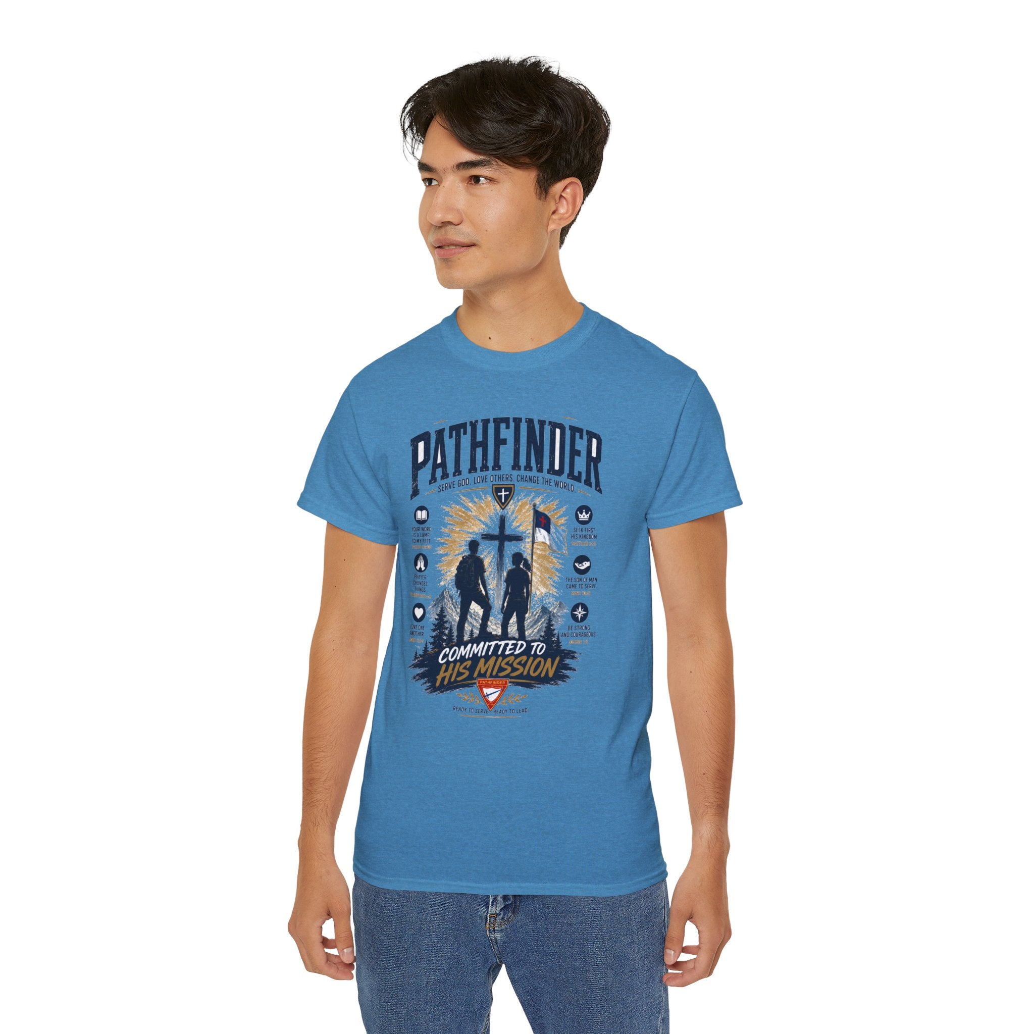 Pathfinder committed to his mission T-Shirt | Christian cross silhouette, faith badge design