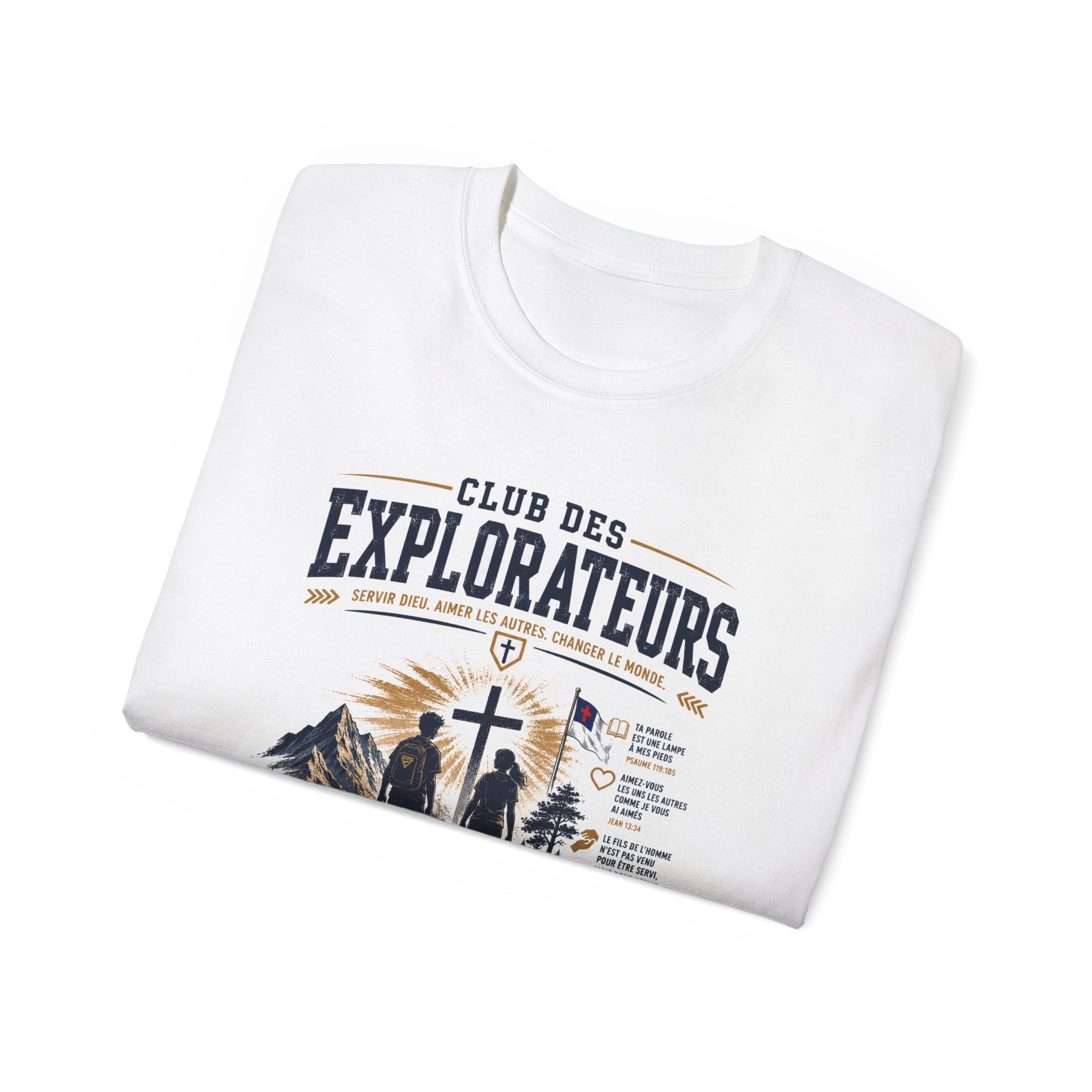 Explorateurs engagés dans leur mission T-shirt | Croix chrétienne silhouette, design d’insigne de foi