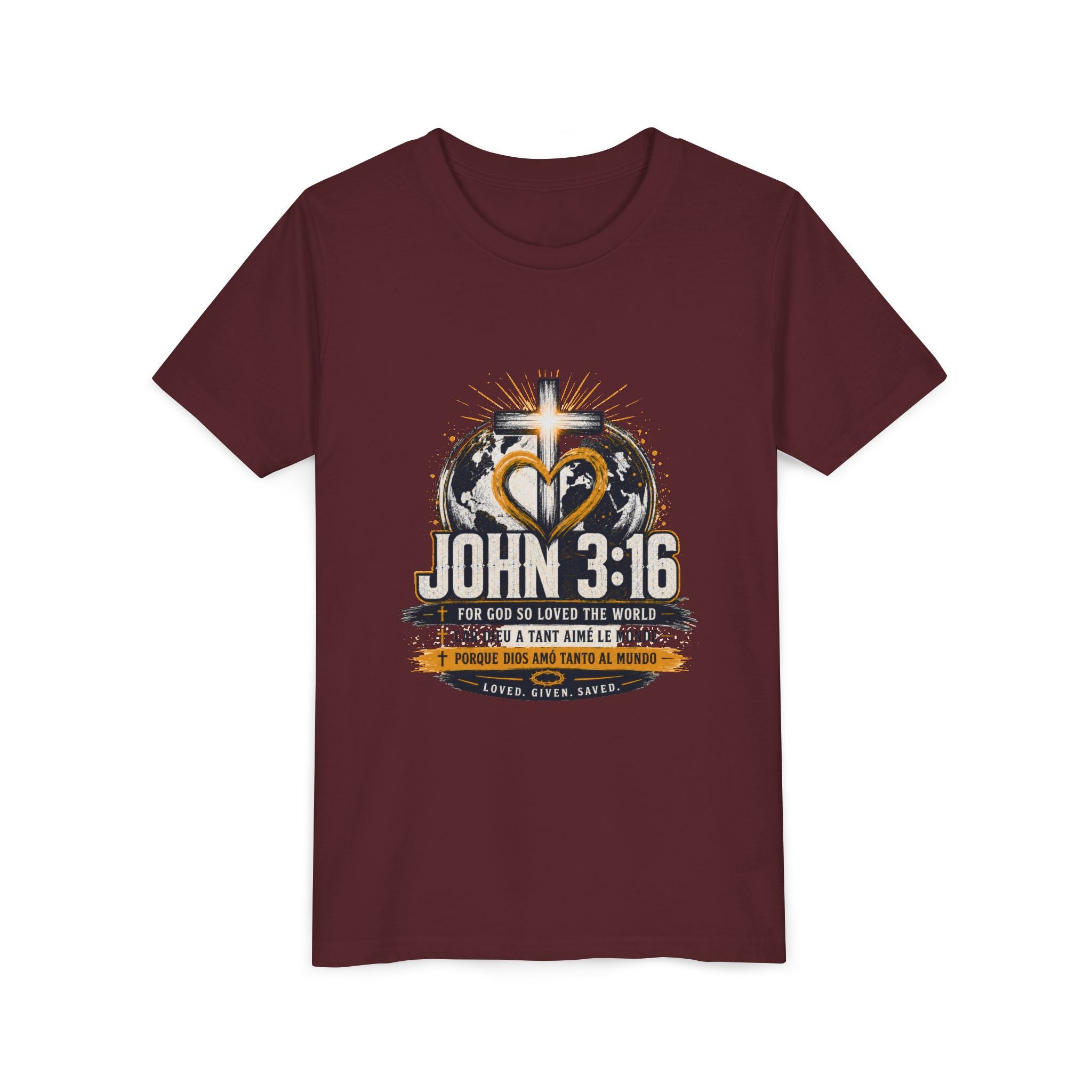 John 3:16 Youth Tee — Christian Inspirational Kids Shirt with Cross & Globe Design