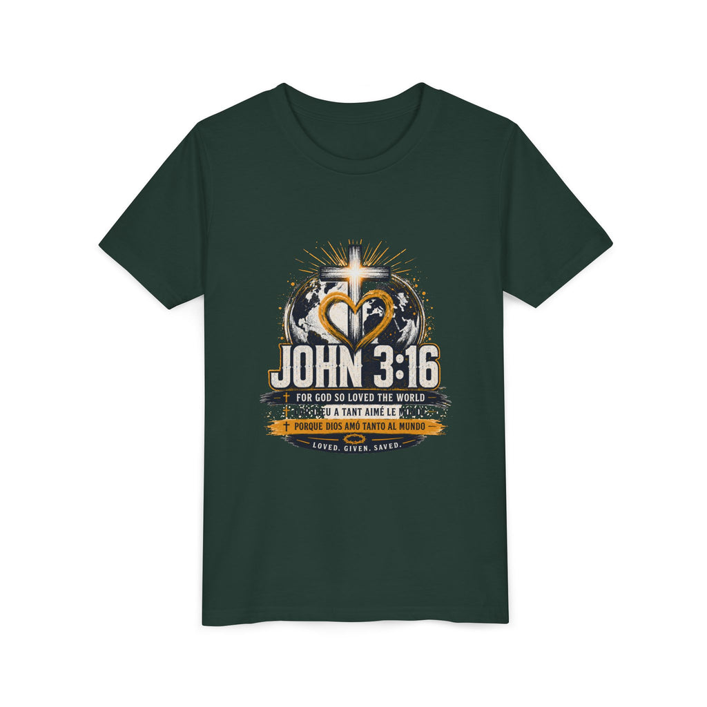 T-shirt pour jeune Jean 3:16 — T-shirt d'inspiration chrétienne pour enfants avec motif croix et globe