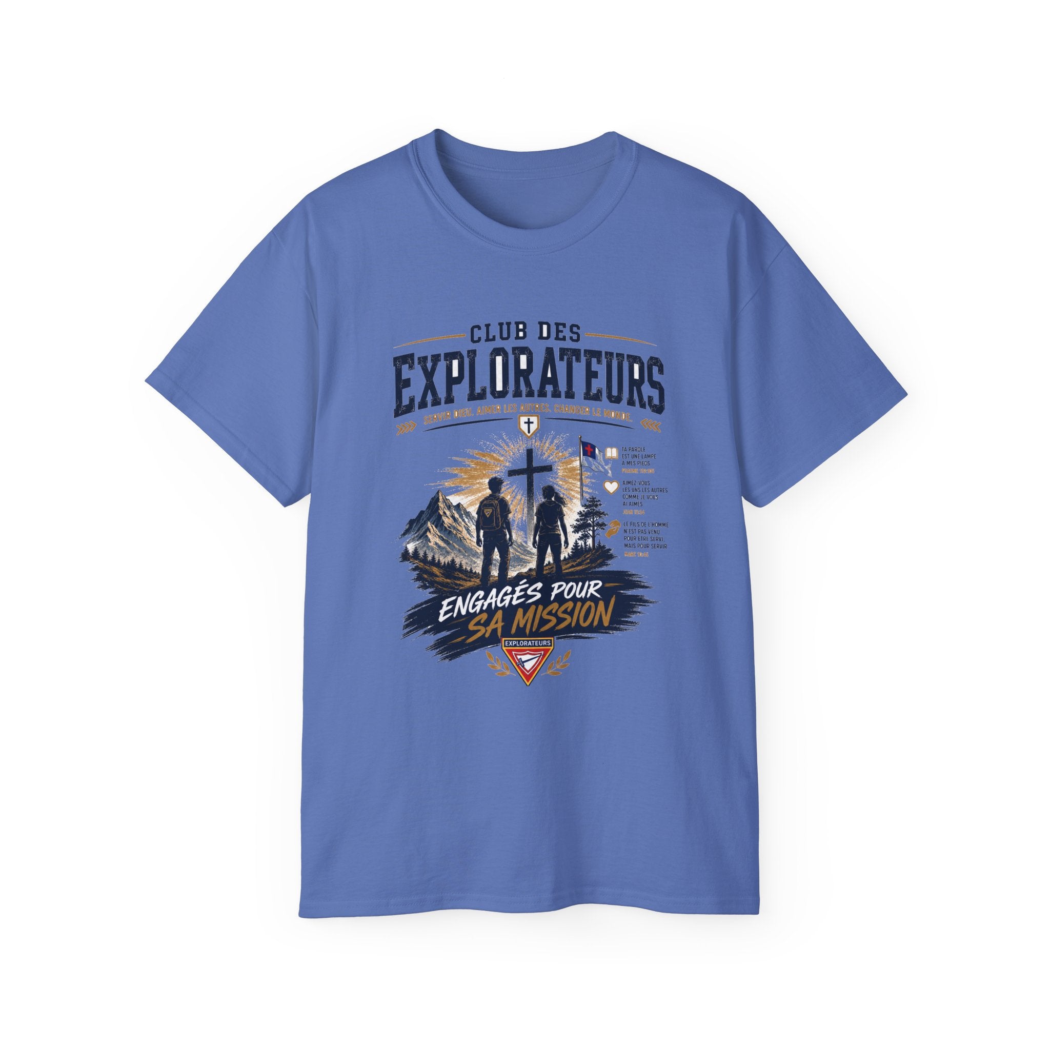 Explorateurs engagés dans leur mission T-shirt | Croix chrétienne silhouette, design d’insigne de foi